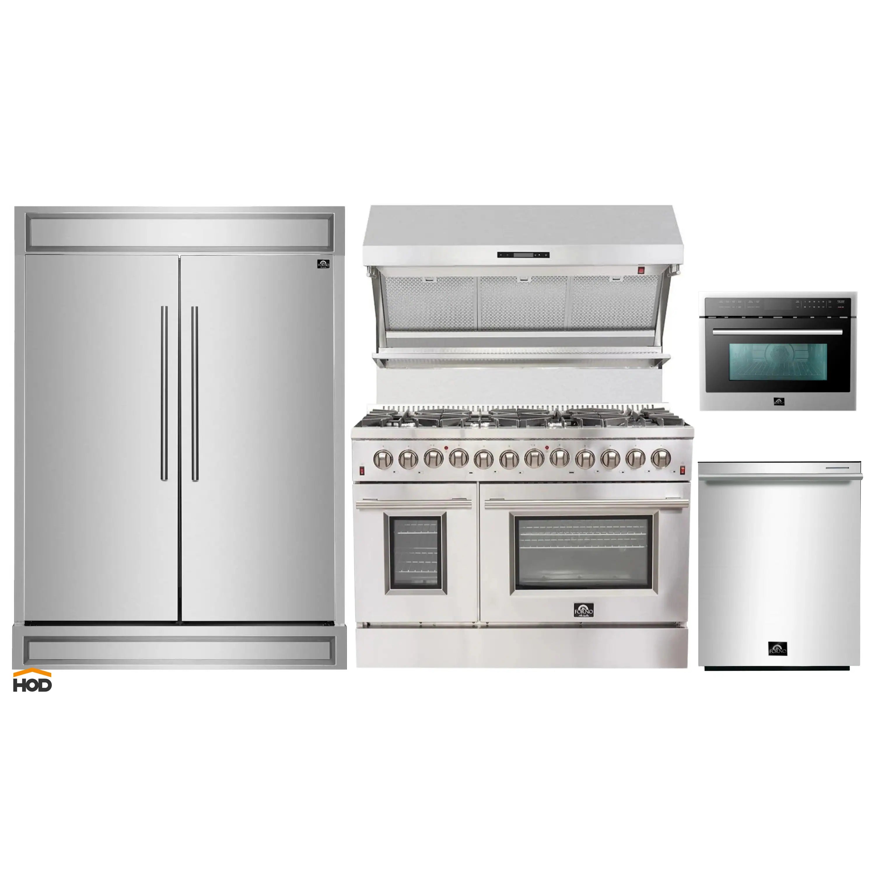 Stainless steel kitchen appliance set with refrigerator, range, and microwave