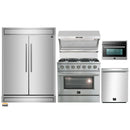 Forno 5-Piece Appliance Package - 36-Inch Gas Range, 60-Inch Refrigerator, Wall Mount Hood with Backsplash, 24-Inch Microwave Oven, & 3-Rack Dishwasher in Stainless Steel