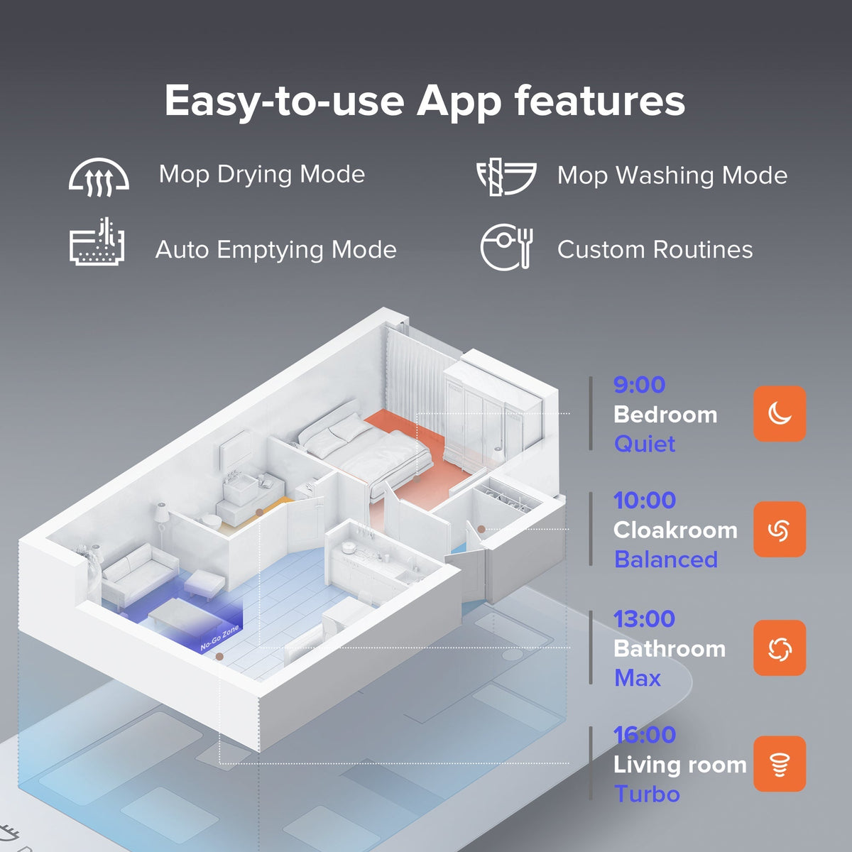 Robot vacuum app features screen with mopping modes and room schedule