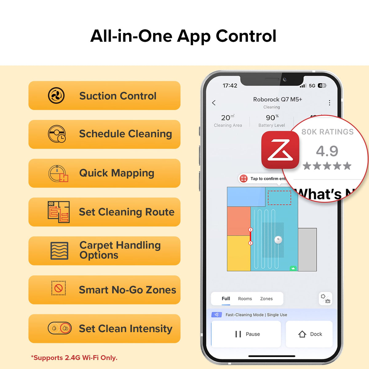 Smartphone app screen controlling robot vacuum suction, schedule, and mapping