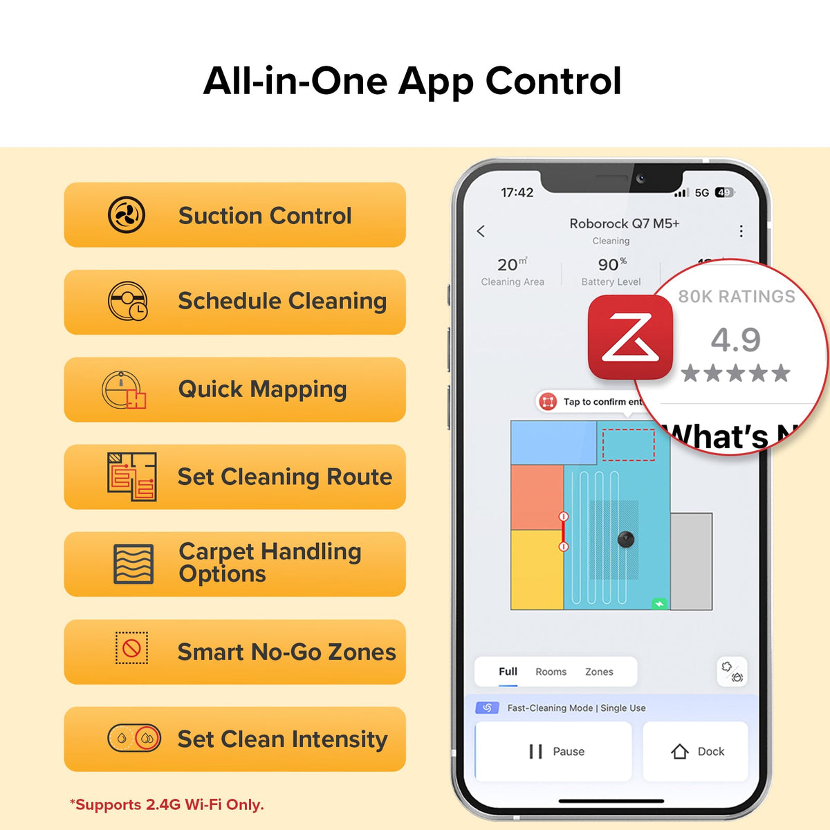 Robot vacuum app control screen paired with a suction control interface