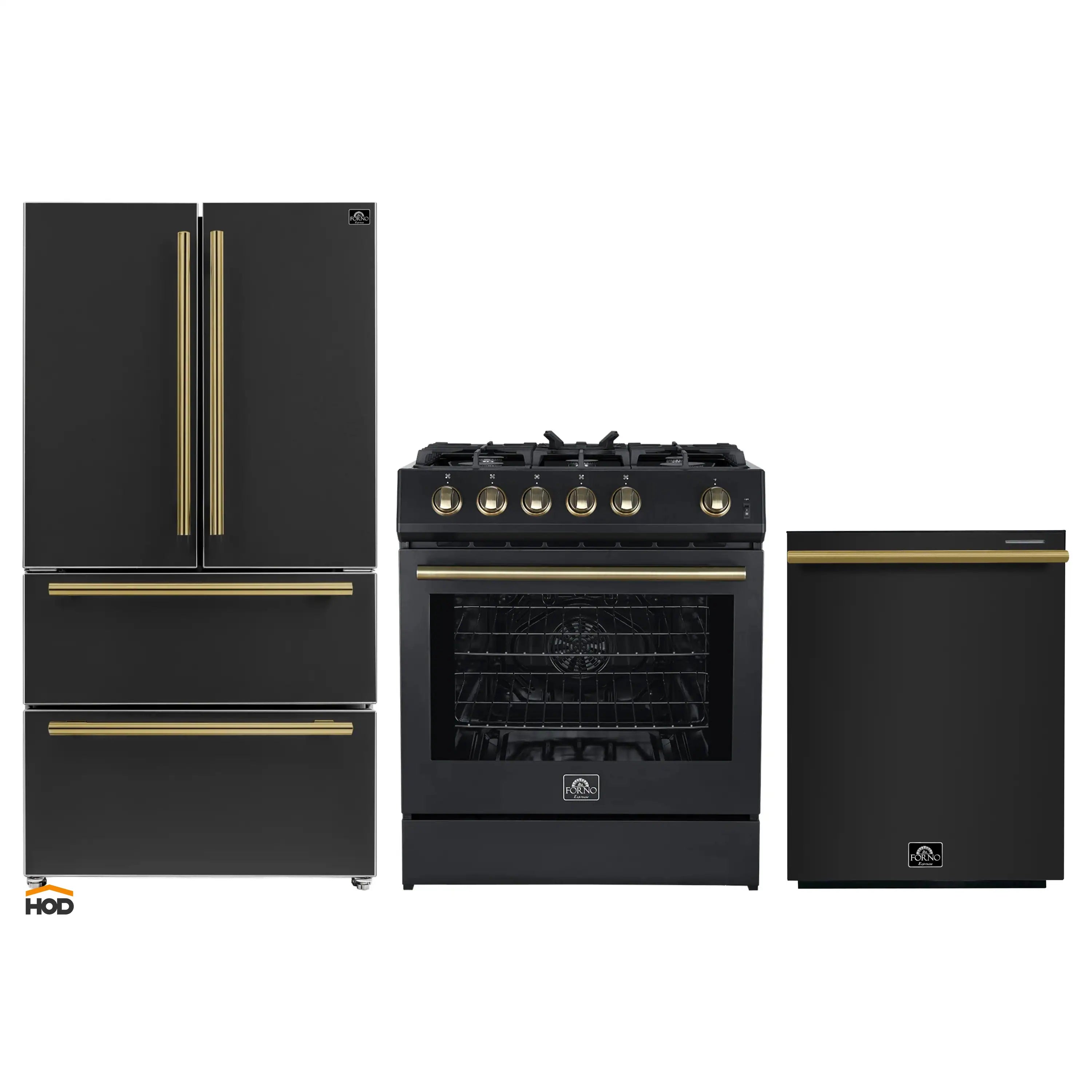 Black 3-piece appliance set: gas range, refrigerator, and dishwasher with brass trim