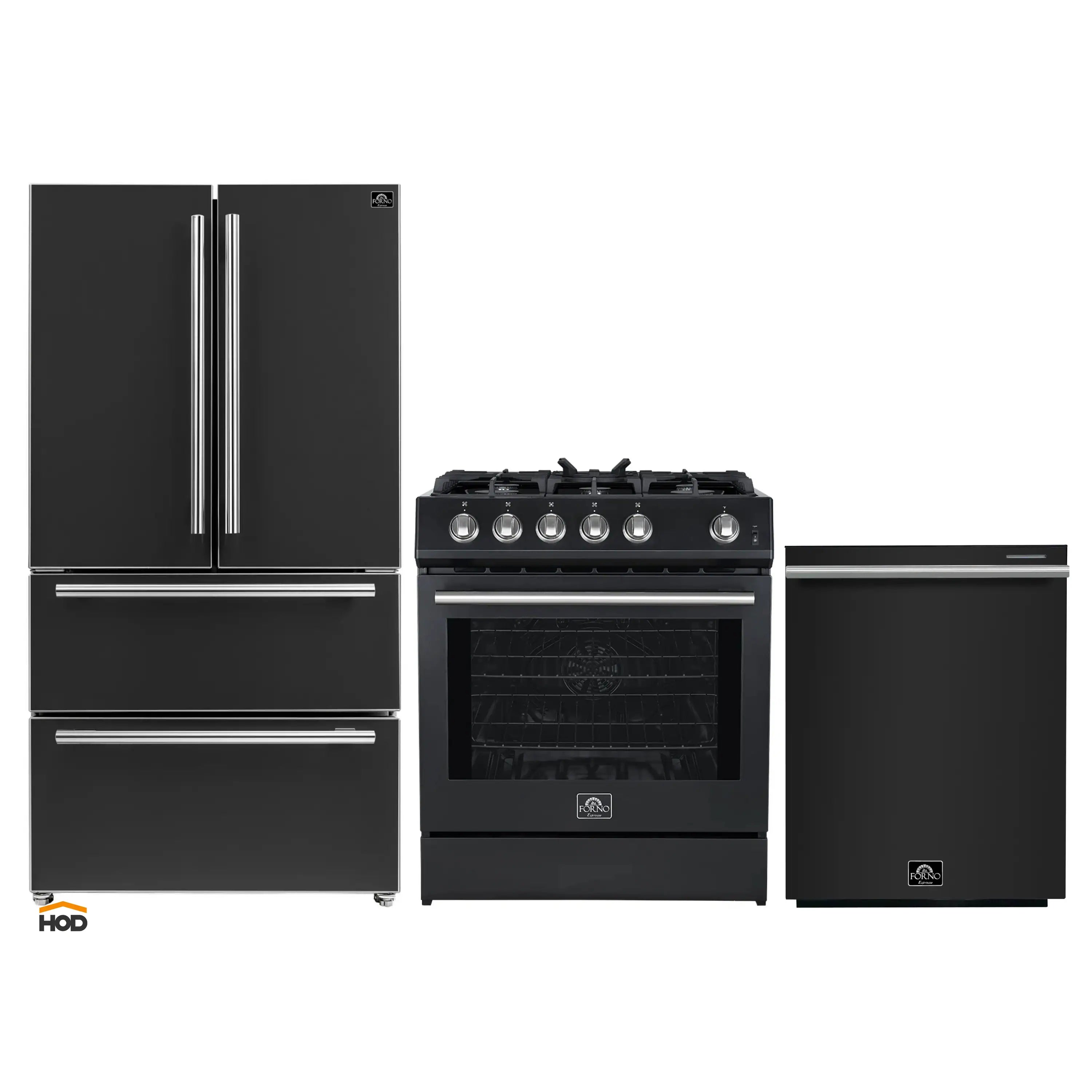 Black refrigerator, gas range, and dishwasher with stainless trim in a three-piece set