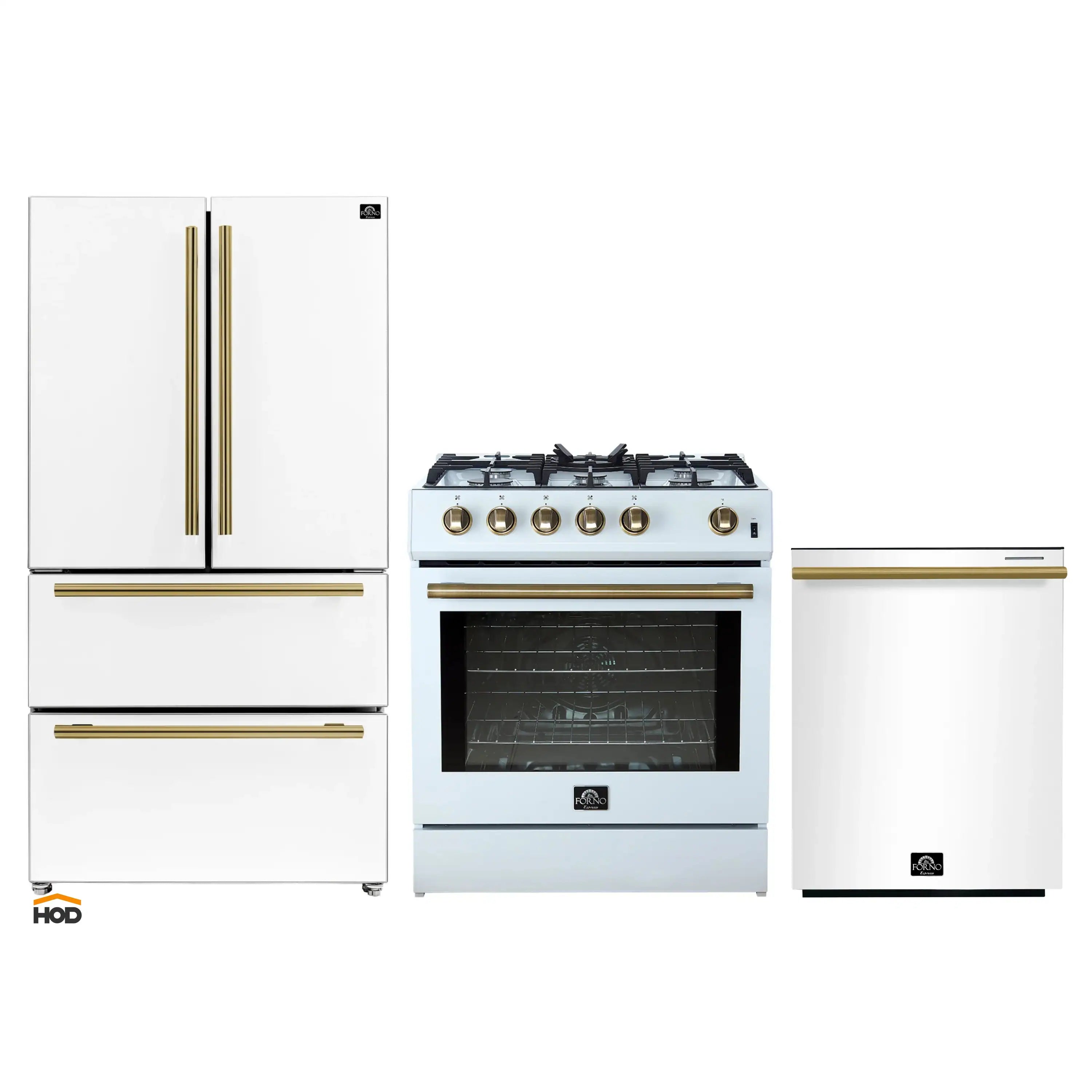 White 30-inch gas range, refrigerator, and dishwasher with antique brass trim