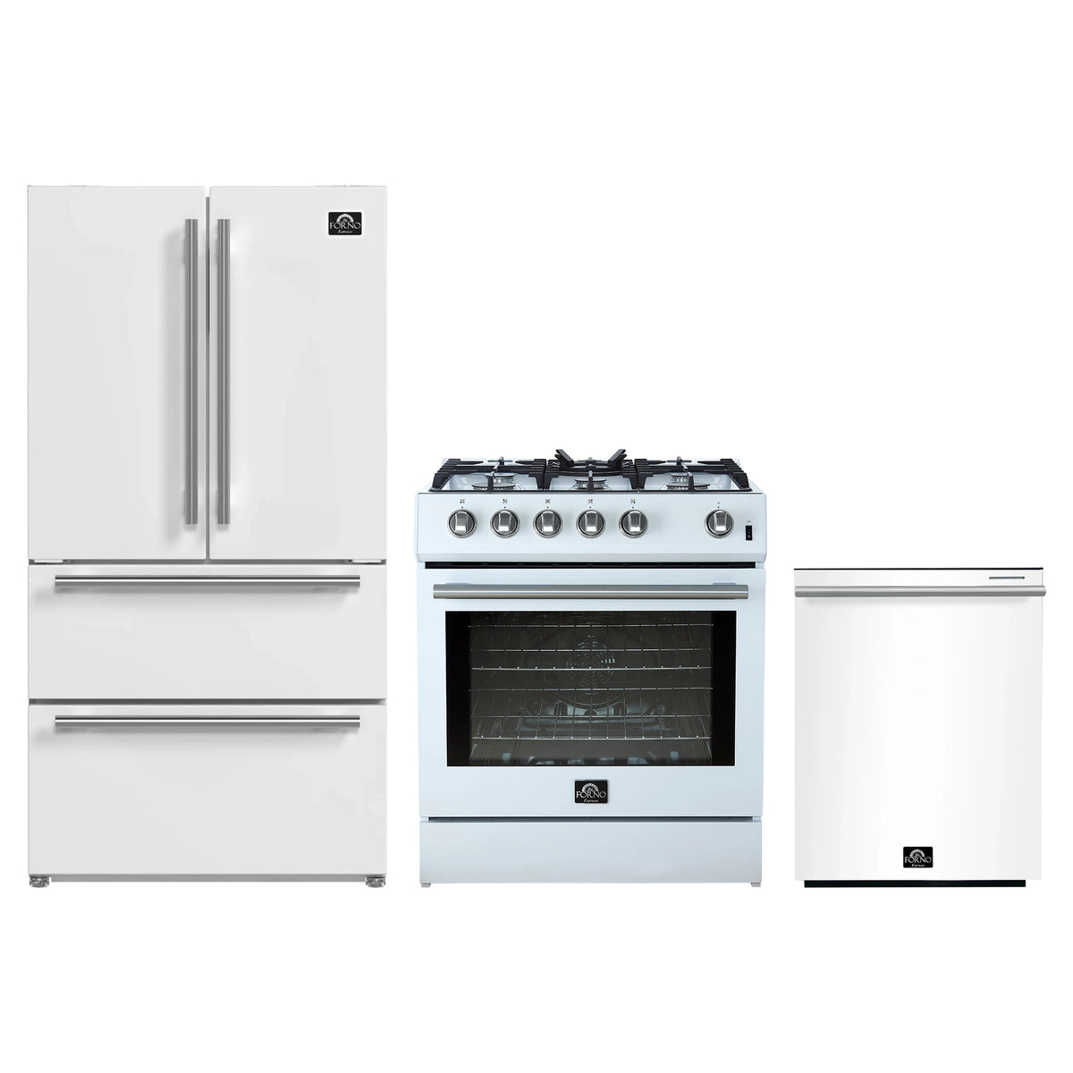 Forno 3-Piece Appliance Package - 30-Inch Gas Range, Refrigerator, and Dishwasher in White with Stainless Steel Trim