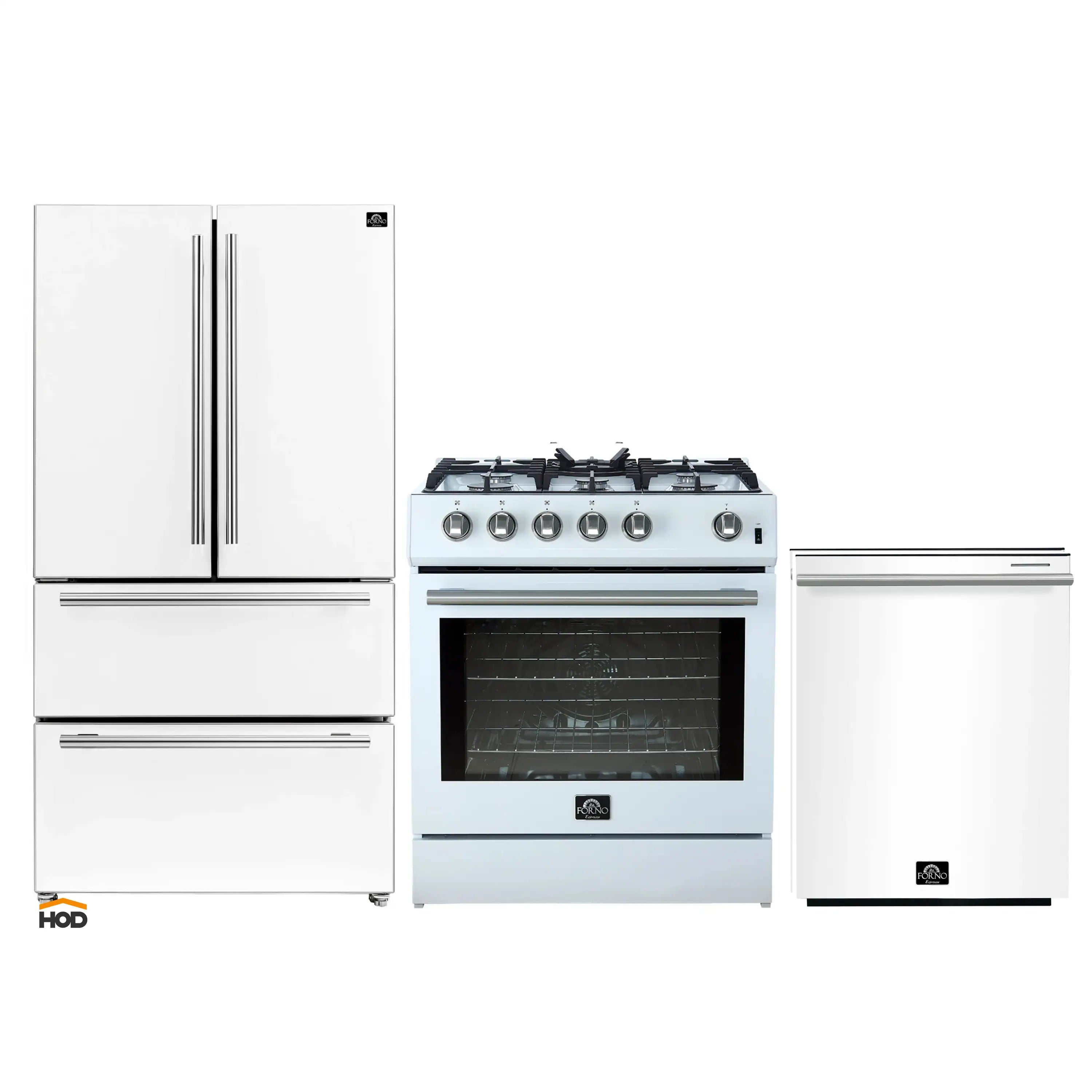 Appliance package with white refrigerator, gas range, and dishwasher with stainless trim
