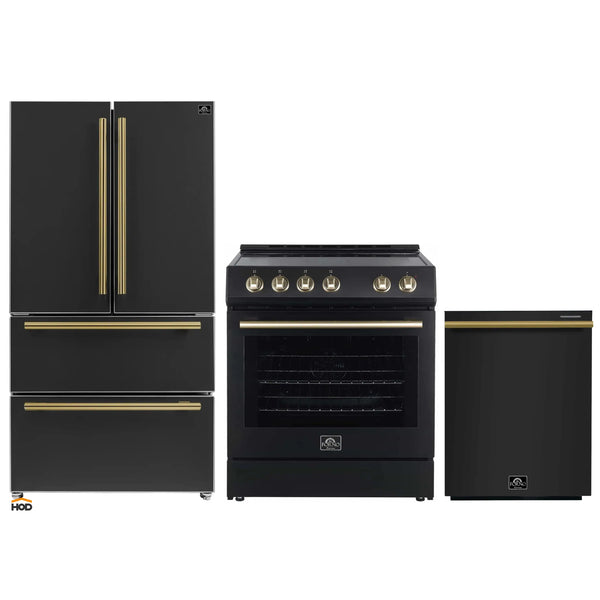 Forno Espresso 3-Piece Appliance Package - 30-Inch Electric Range, Refrigerator and Dishwasher in Black with Antique Brass Trim