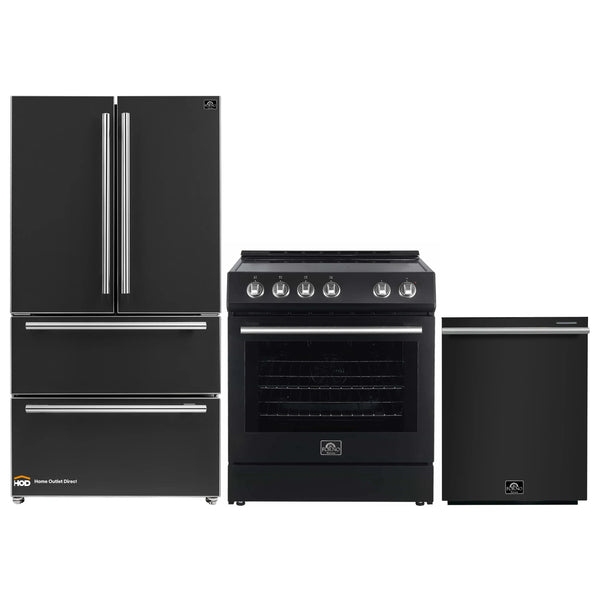 Forno Espresso 3-Piece Appliance Package - 30-Inch Electric Range, Refrigerator and Dishwasher in Black with Stainless Steel Handle