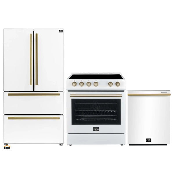 Forno Espresso 3-Piece Appliance Package - 30-Inch Electric Range, Refrigerator and Dishwasher in White with Antique Brass Trim