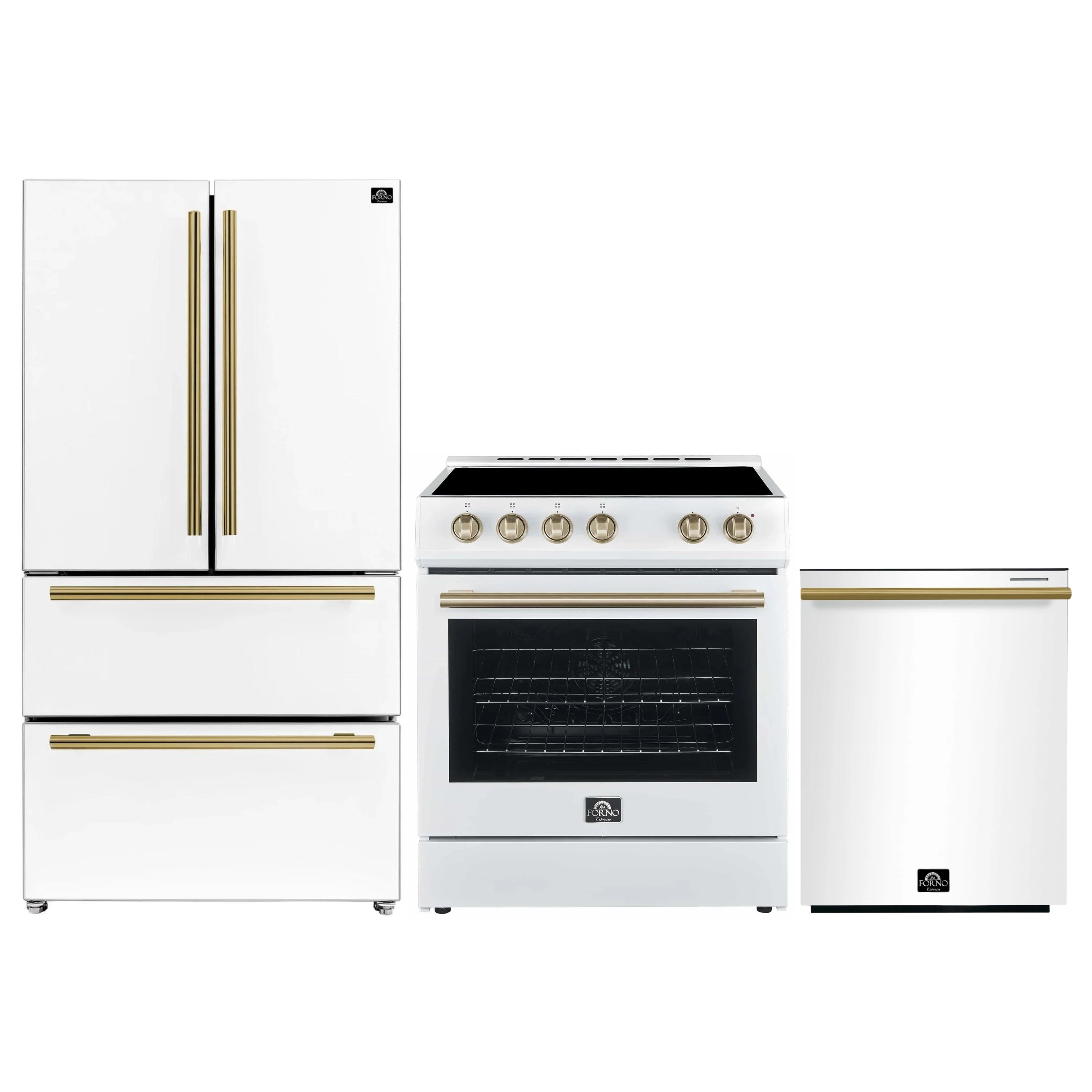 Three-appliance set: white refrigerator, electric range, and dishwasher with brass trim