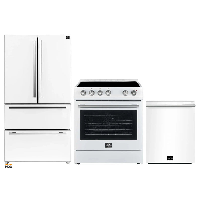 Forno Espresso 3-Piece Appliance Package - 30-Inch Electric Range, Refrigerator and Dishwasher in White with Stainless Steel Trim
