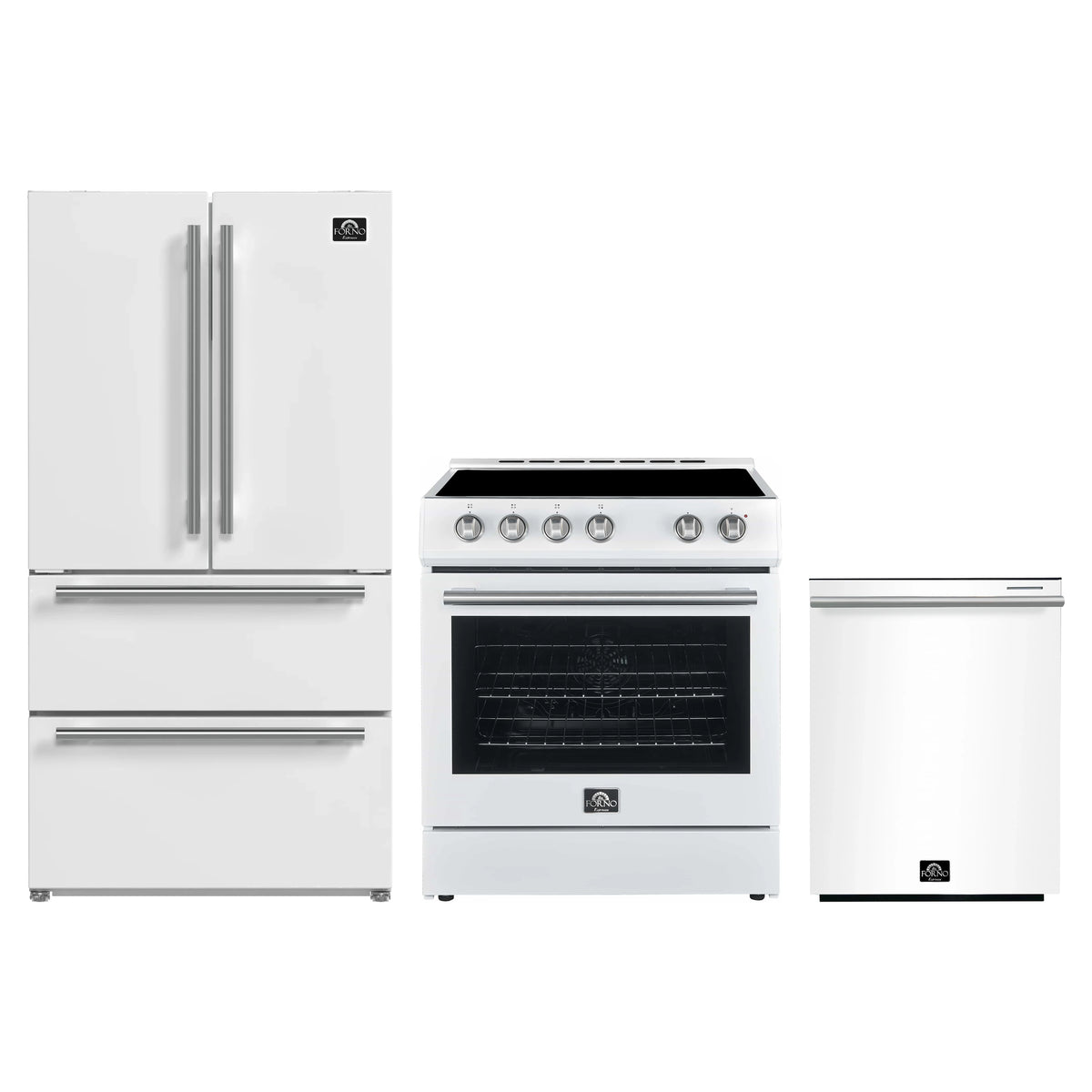 Forno Espresso 3-Piece Appliance Package - 30-Inch Electric Range, Refrigerator and Dishwasher in White with Stainless Steel Trim