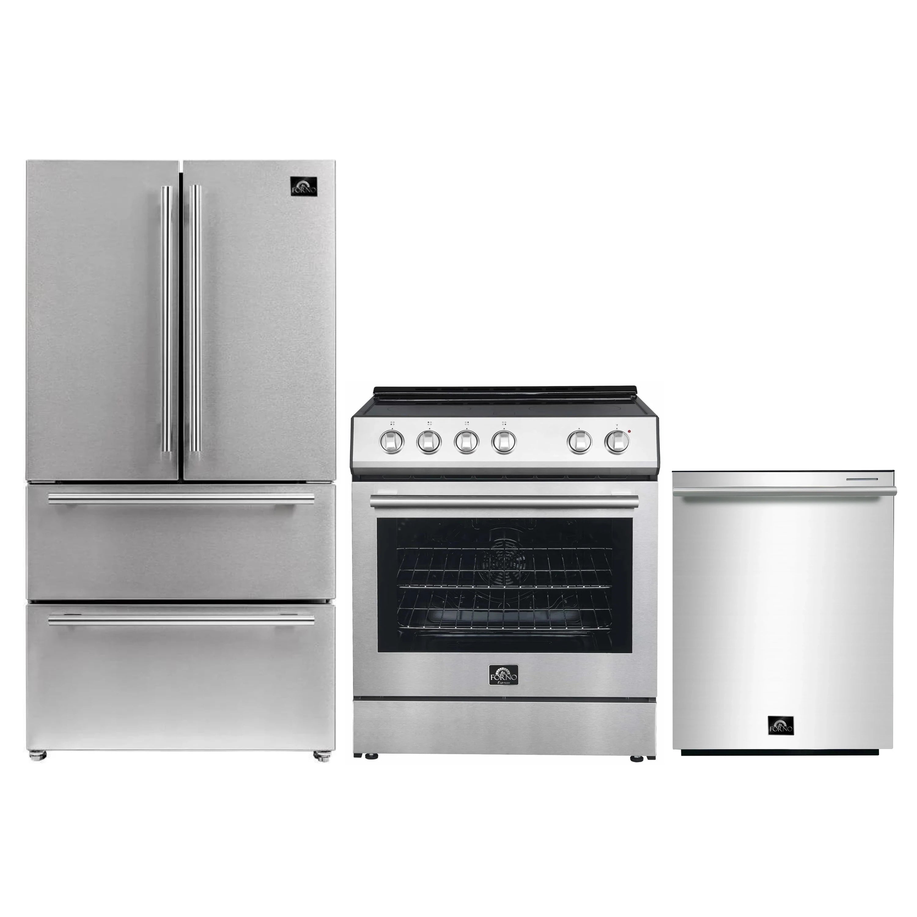 Stainless steel appliance set: refrigerator, electric range, and dishwasher