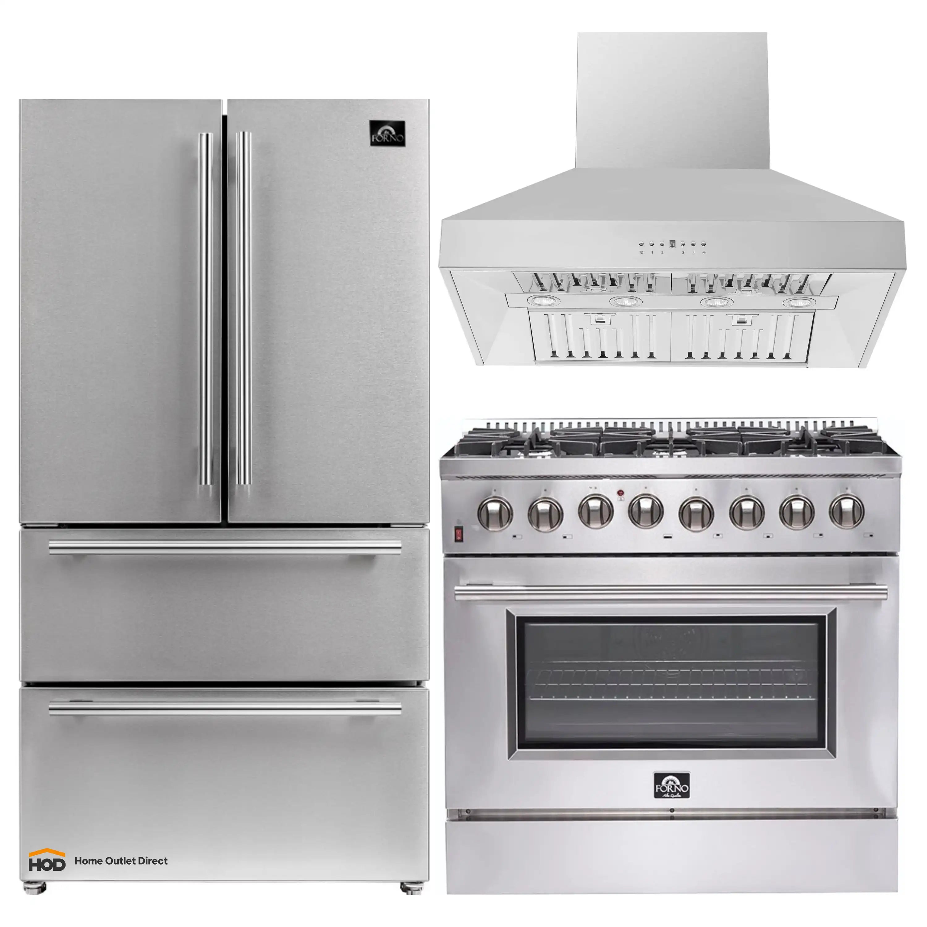 Stainless steel refrigerator, gas range, and wall mount hood appliance package