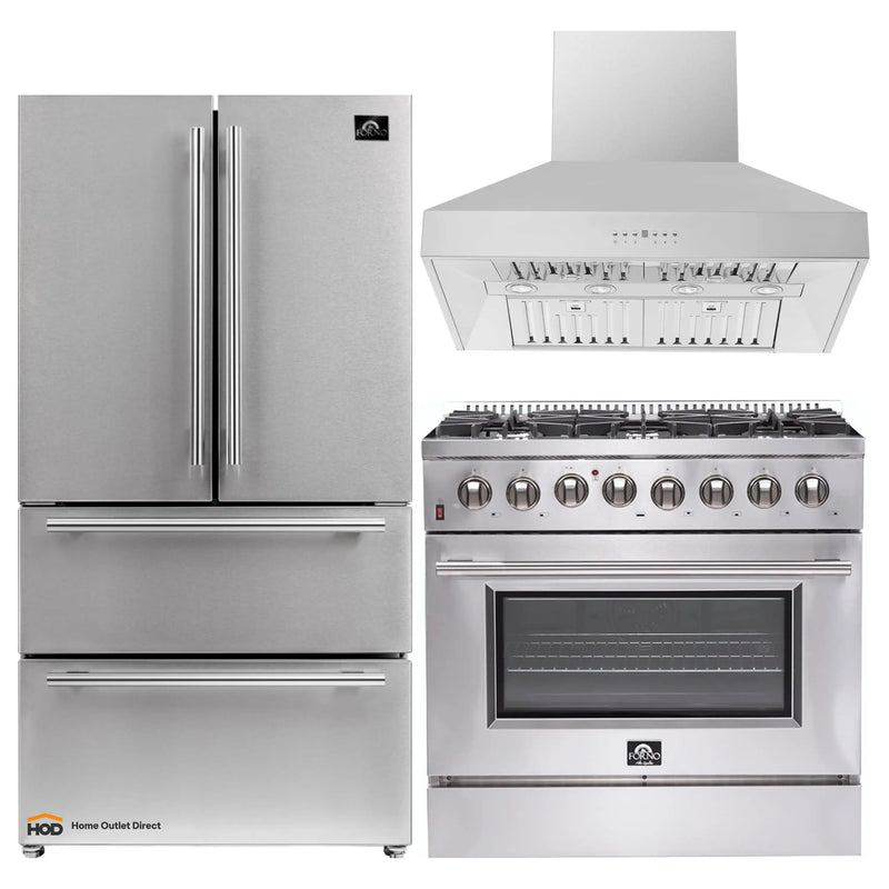 Forno 3-Piece Appliance Package - 36-Inch Dual Fuel Range, 36-Inch Refrigerator & Wall Mount Hood in Stainless Steel