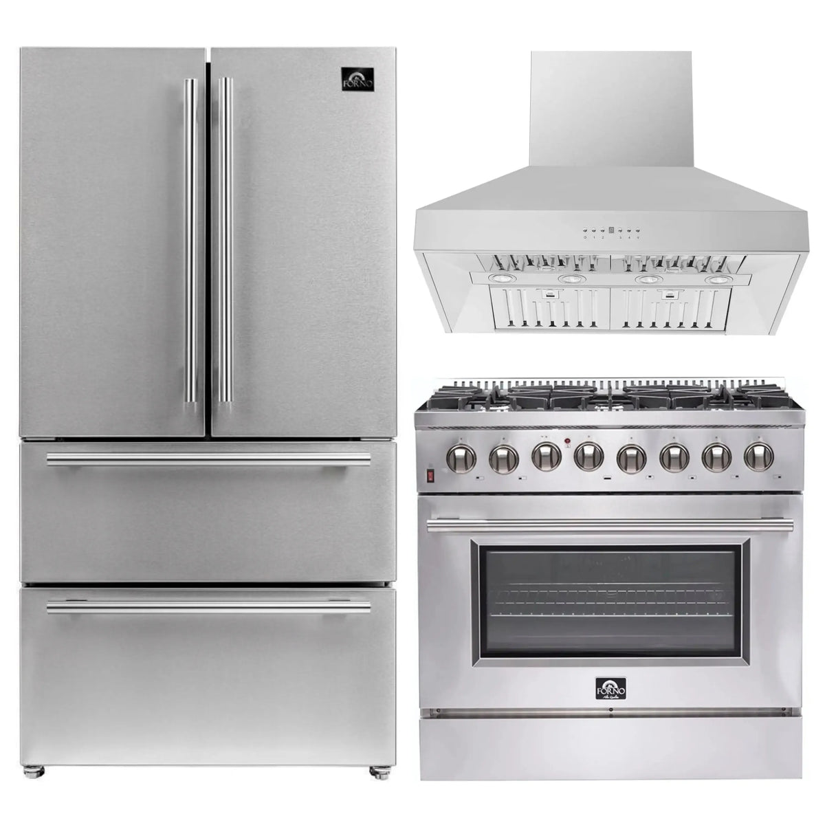 Forno 3-Piece Appliance Package - 36-Inch Dual Fuel Range, 36-Inch Refrigerator & Wall Mount Hood in Stainless Steel