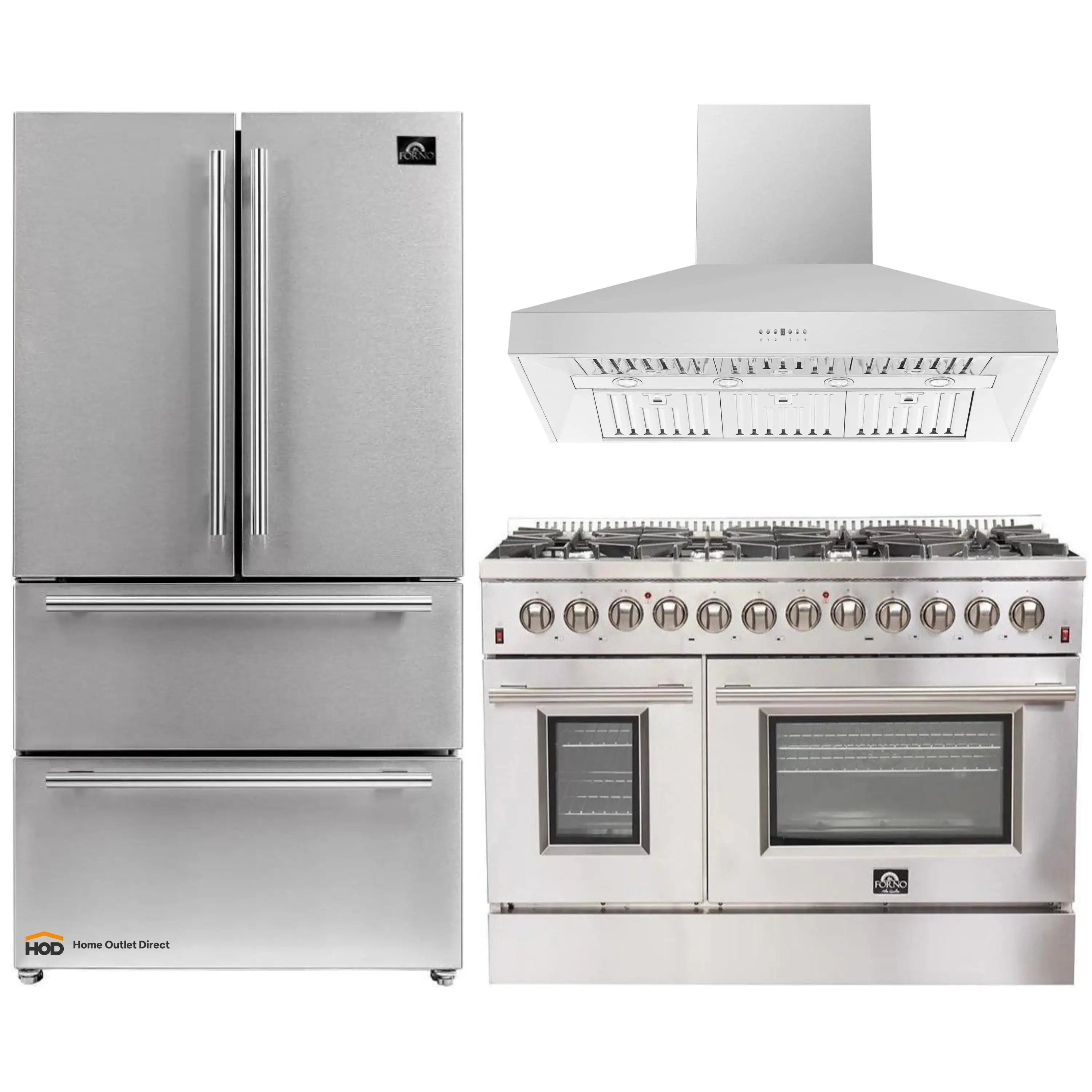 Stainless steel refrigerator, dual fuel range, and wall mount hood in matching set