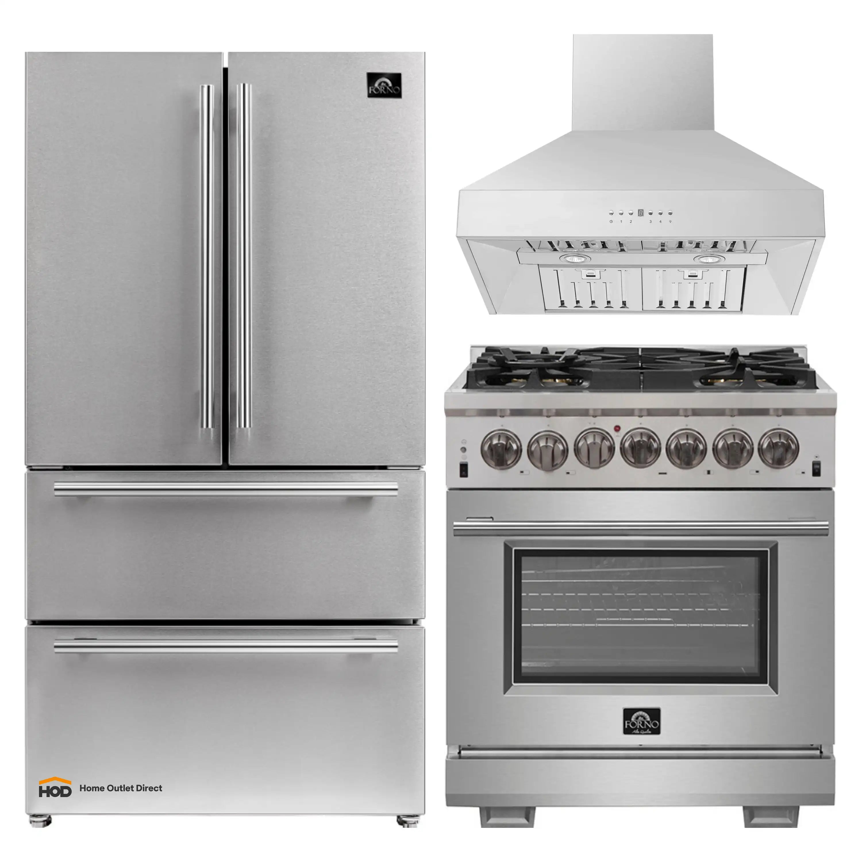Stainless steel appliance package with refrigerator, wall hood, and dual-fuel range