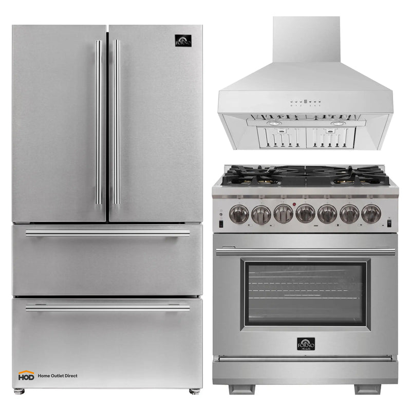 Forno 3-Piece Pro Appliance Package - 30-Inch Dual Fuel Range, Refrigerator, Wall Mount Hood in Stainless Steel