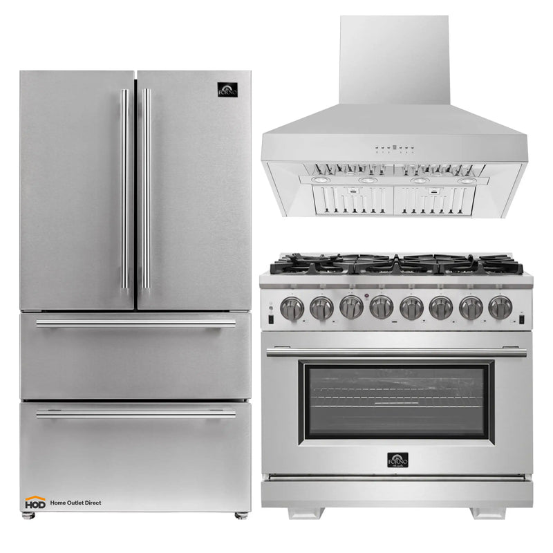 Forno 3-Piece Pro Appliance Package - 36-Inch Dual Fuel Range, 36-Inch Refrigerator & Wall Mount Hood in Stainless Steel