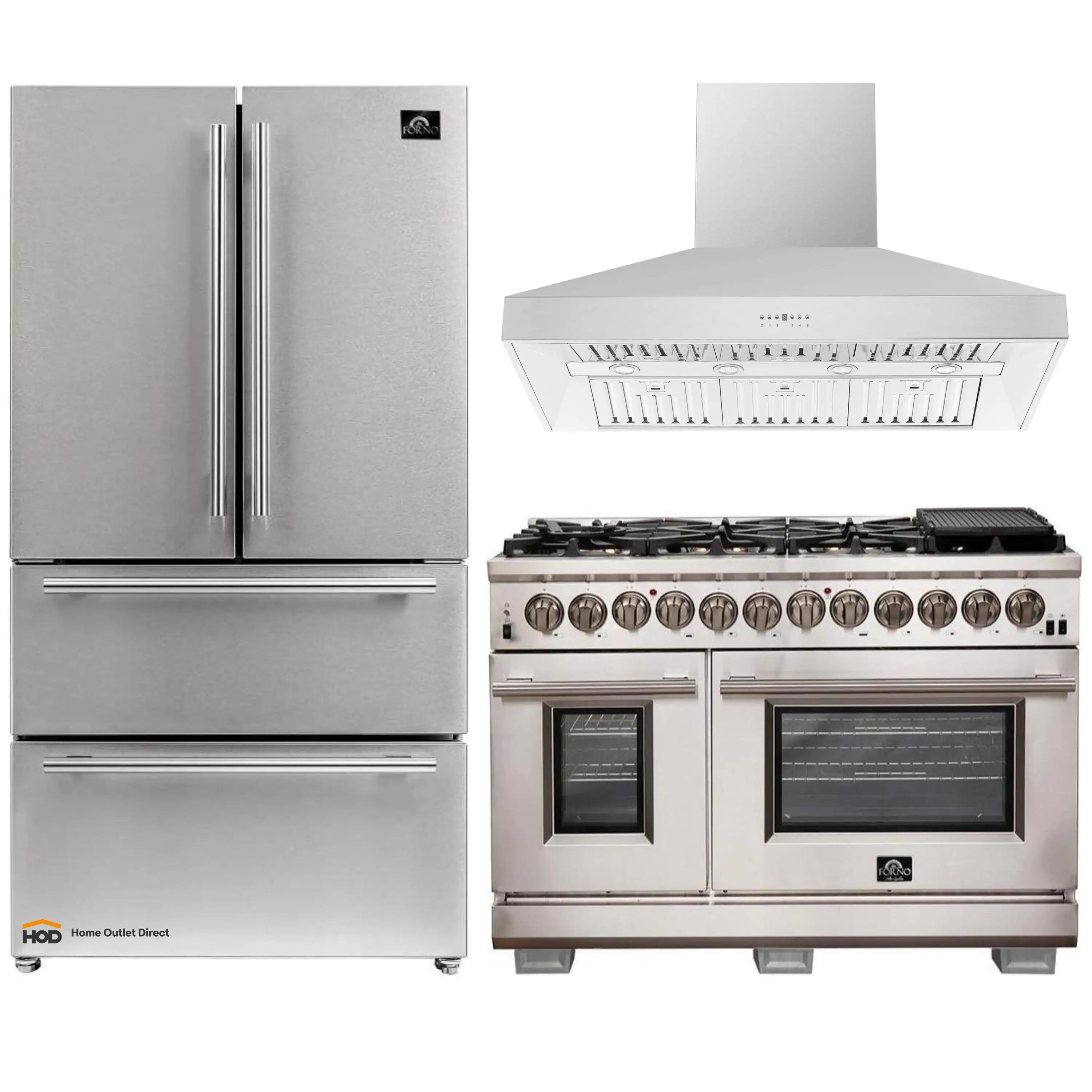Stainless steel refrigerator with freezer section and dual-fuel range with wall hood