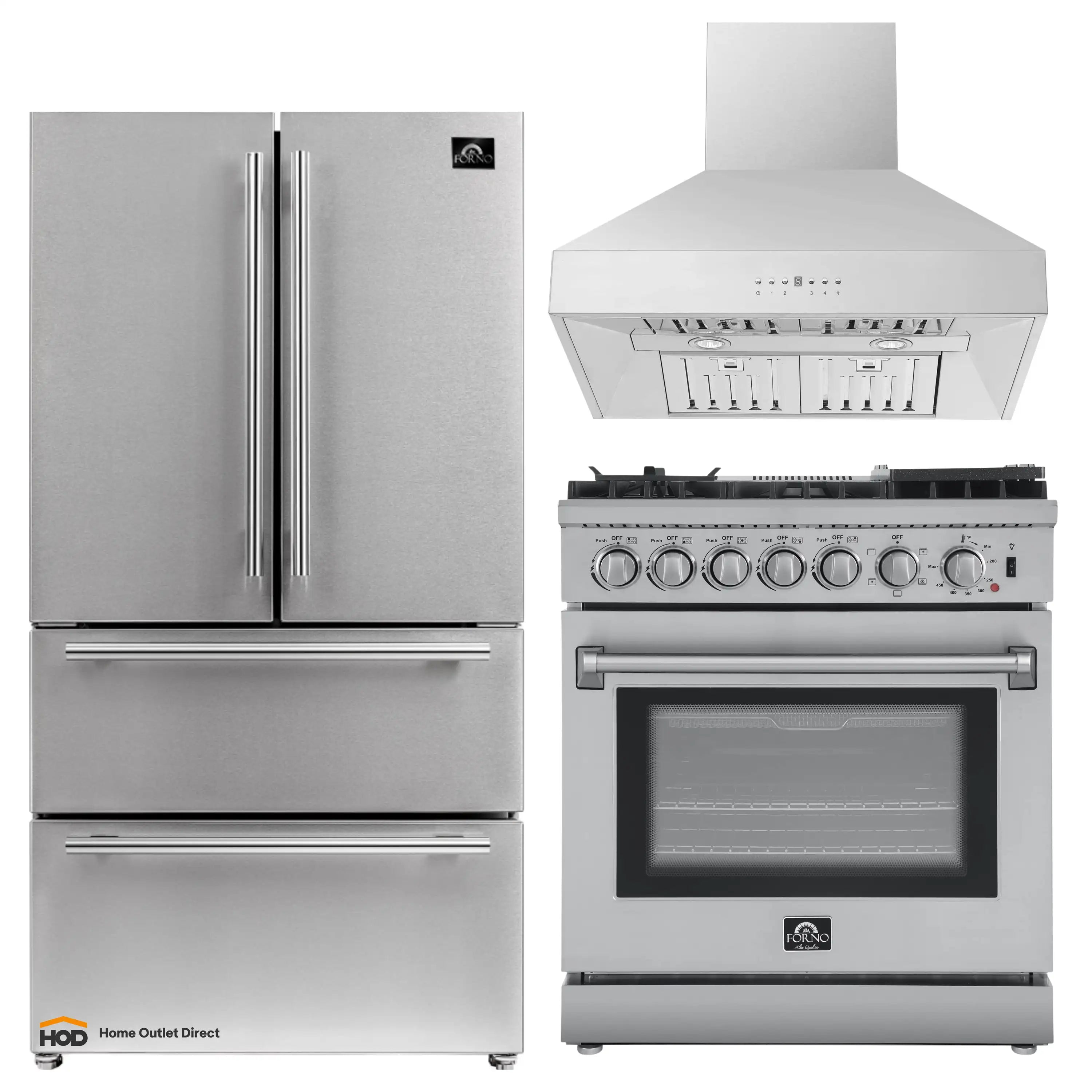 Stainless appliance package with refrigerator, wall hood, and dual-fuel range with oven door