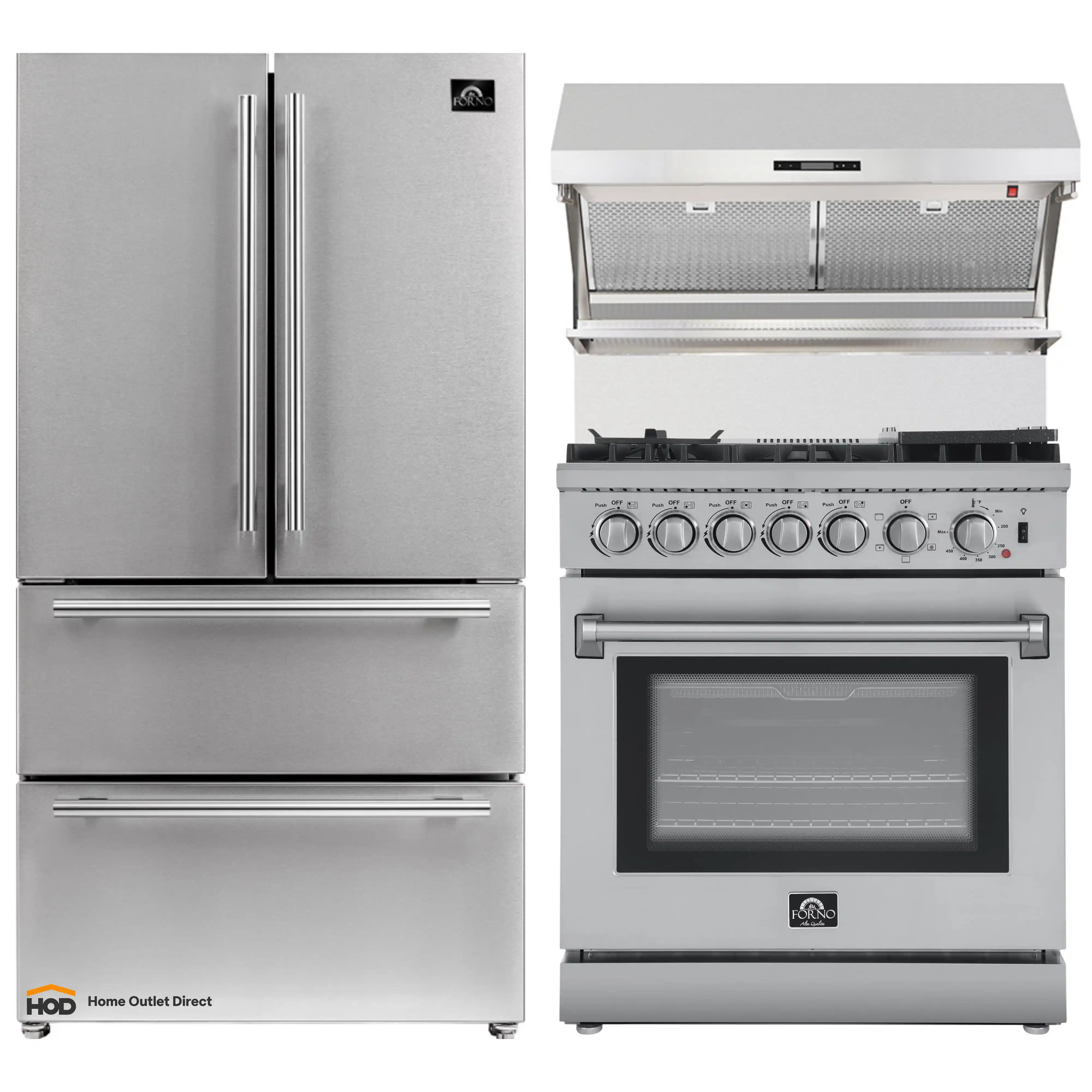 Stainless steel refrigerator and dual-fuel range set with oven door and control knobs
