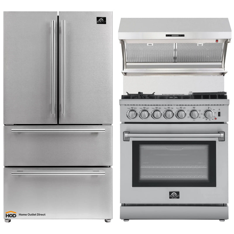 Forno 3-Piece Appliance Package - 30-Inch Dual Fuel Range with Air Fryer, 36-Inch Refrigerator & Wall Mount Hood with Backsplash in Stainless Steel