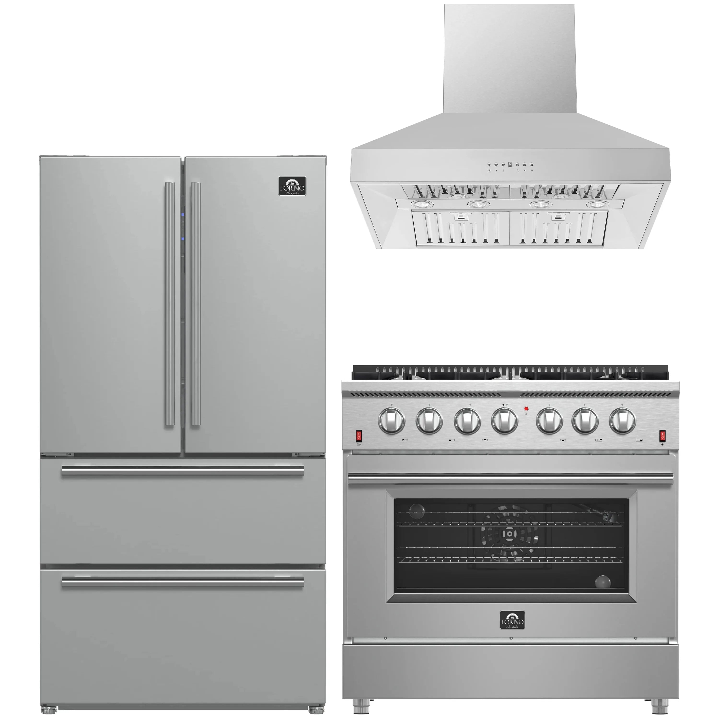 Forno 3-Piece Appliance Package - 36-Inch Gas Range, Refrigerator, & Wall Mount Hood in Stainless Steel