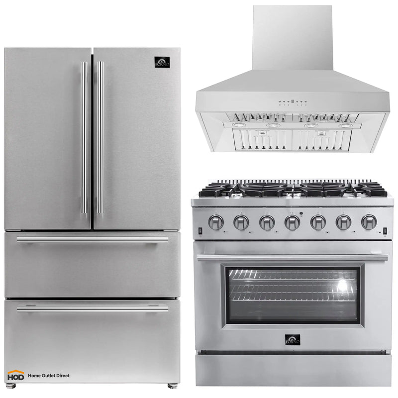 Forno 3-Piece Appliance Package - 36-Inch Gas Range, Refrigerator, & Wall Mount Hood in Stainless Steel