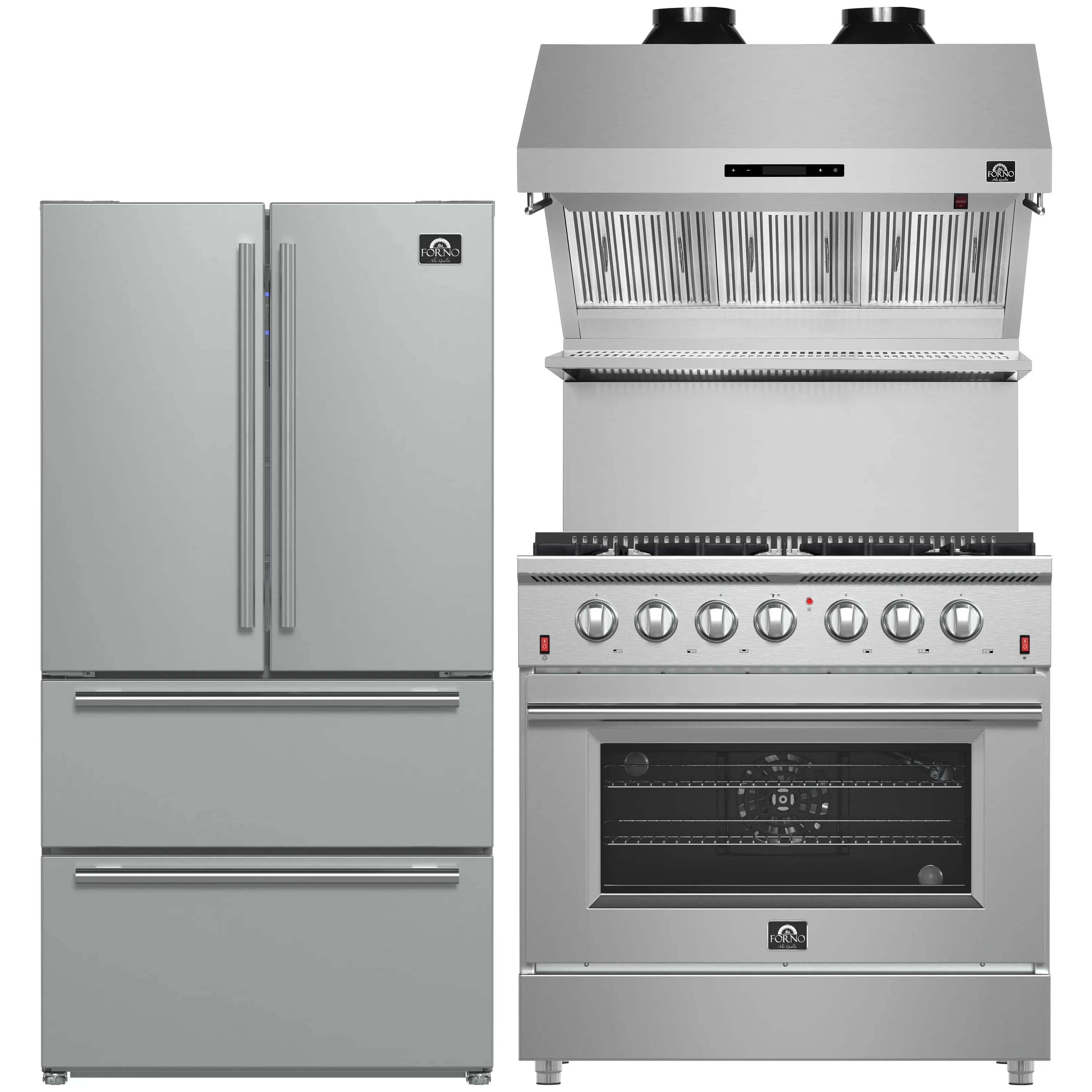 Forno 3-Piece Appliance Package - 36-Inch Gas Range, Refrigerator, & Wall Mount Hood with Backsplash in Stainless Steel