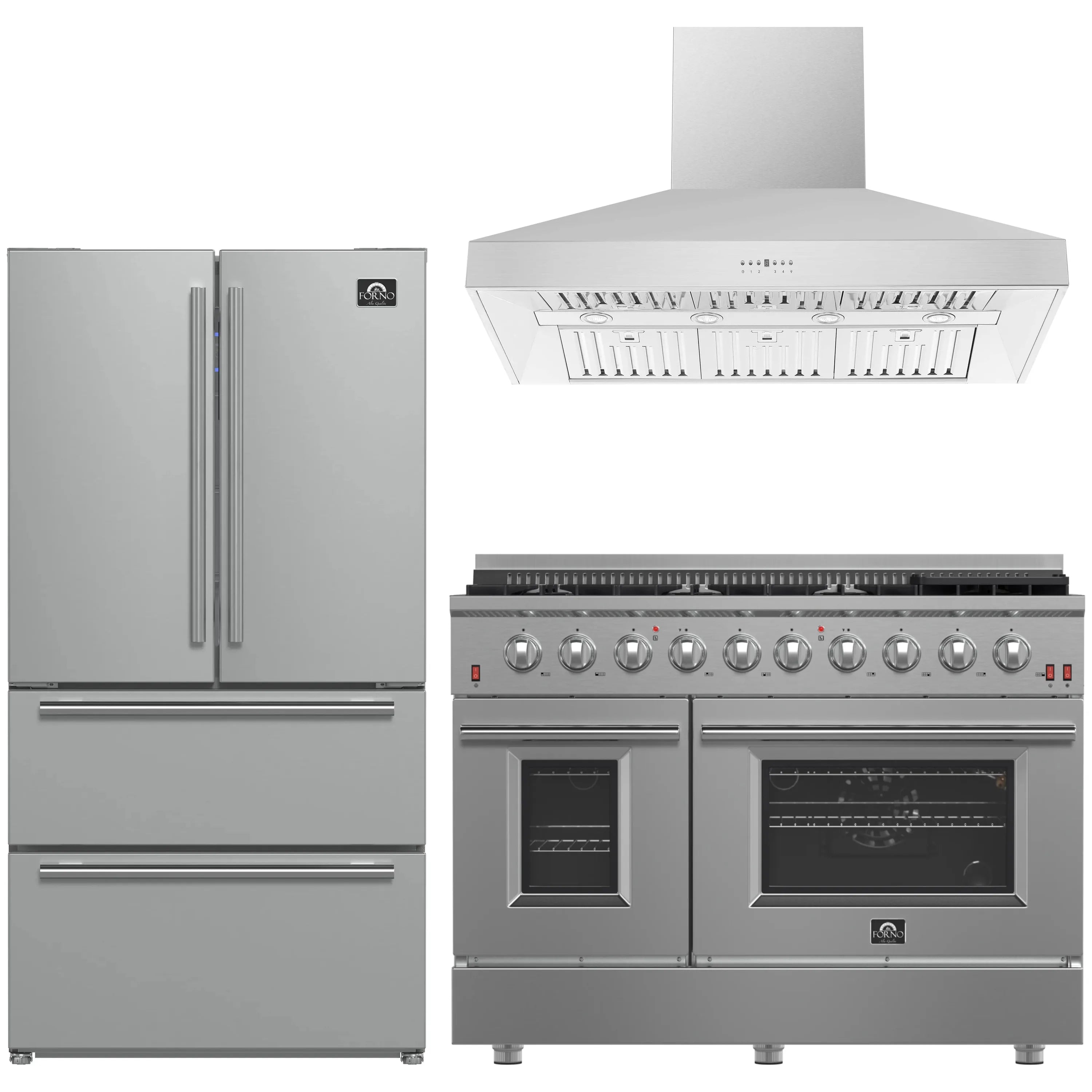 Stainless steel refrigerator, wall mount hood, and gas range set