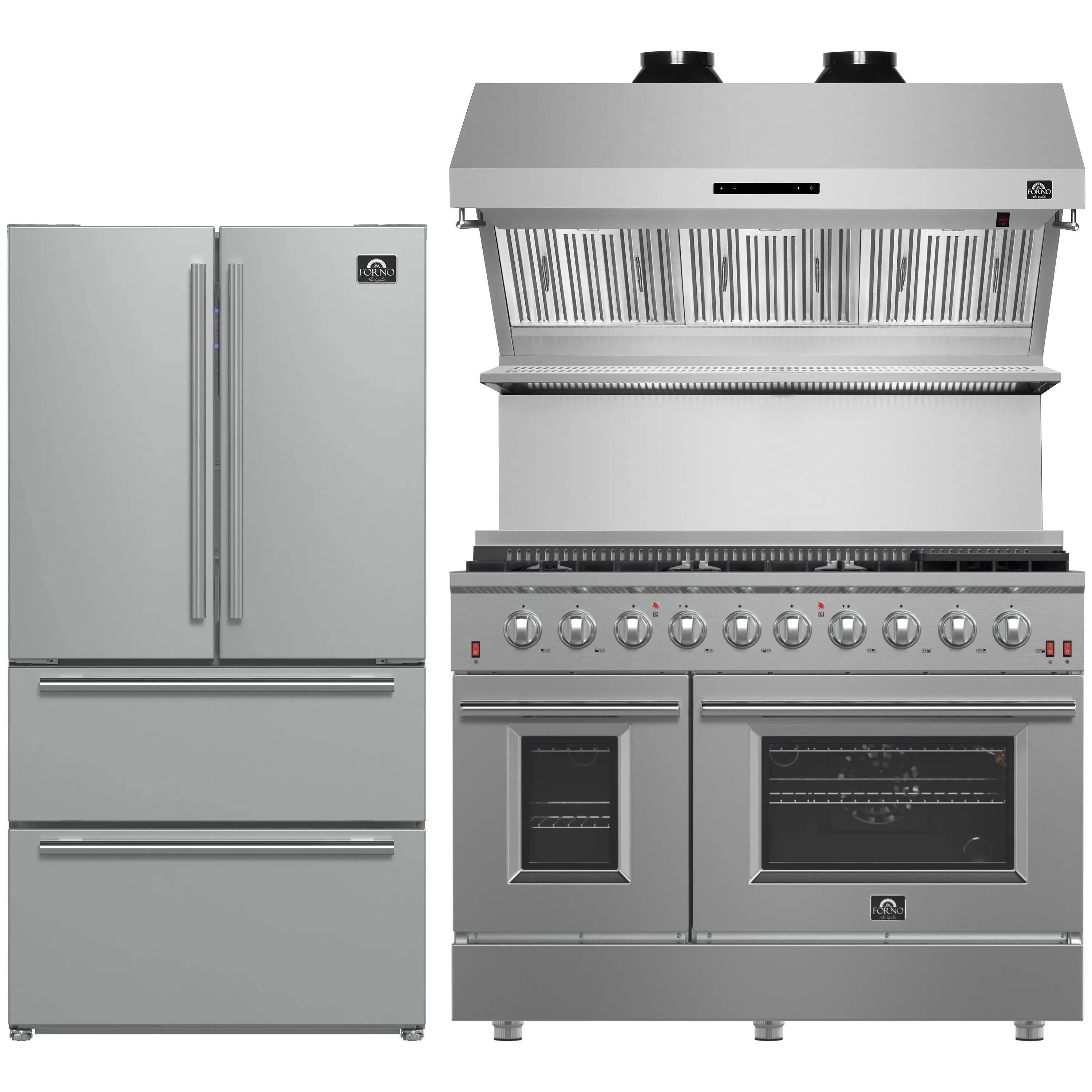 Forno 3-Piece Appliance Package- 48-Inch Gas Range, Refrigerator, & Wall Mount Hood with Backsplash in Stainless Steel