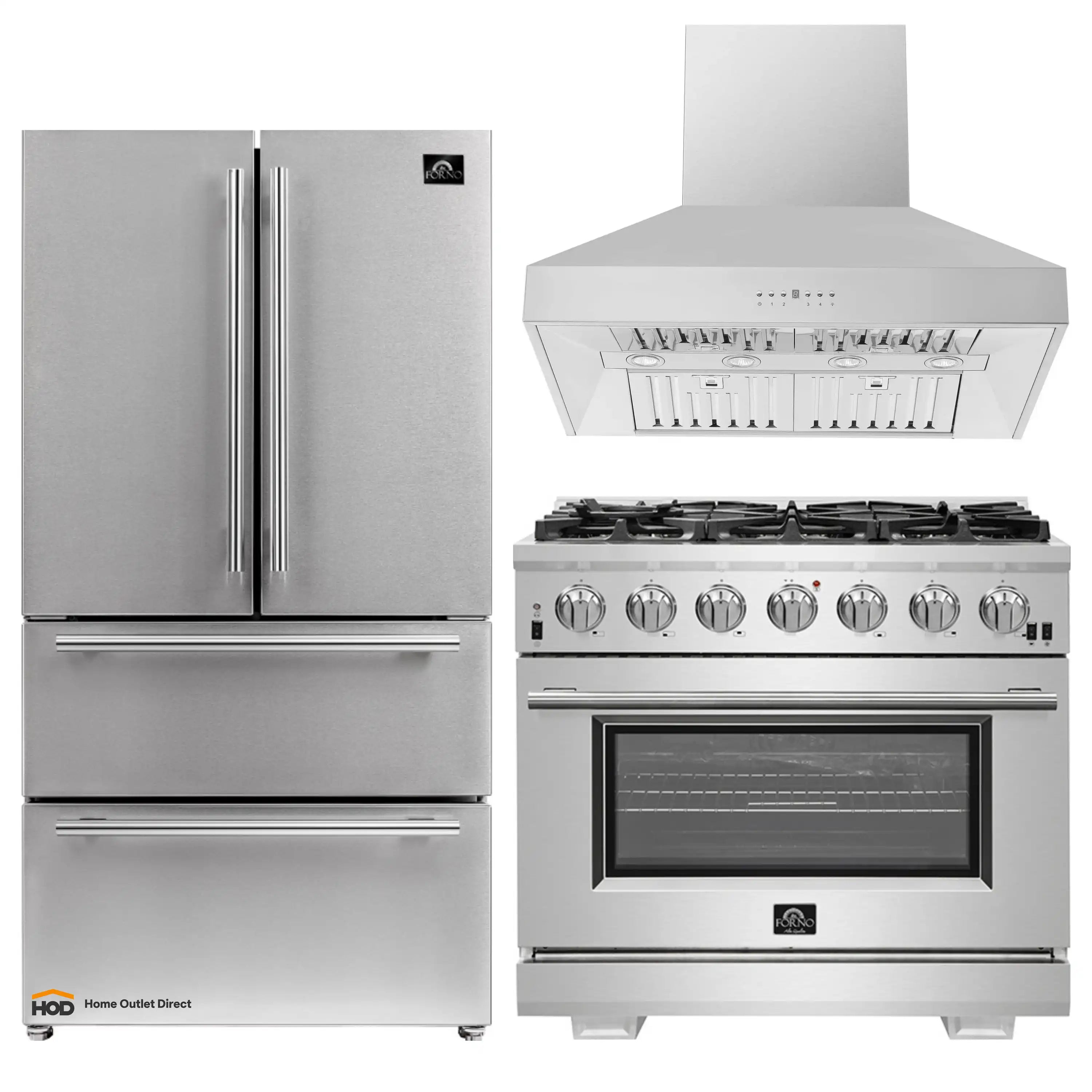 Stainless steel refrigerator, gas range, and wall hood appliance set in one view