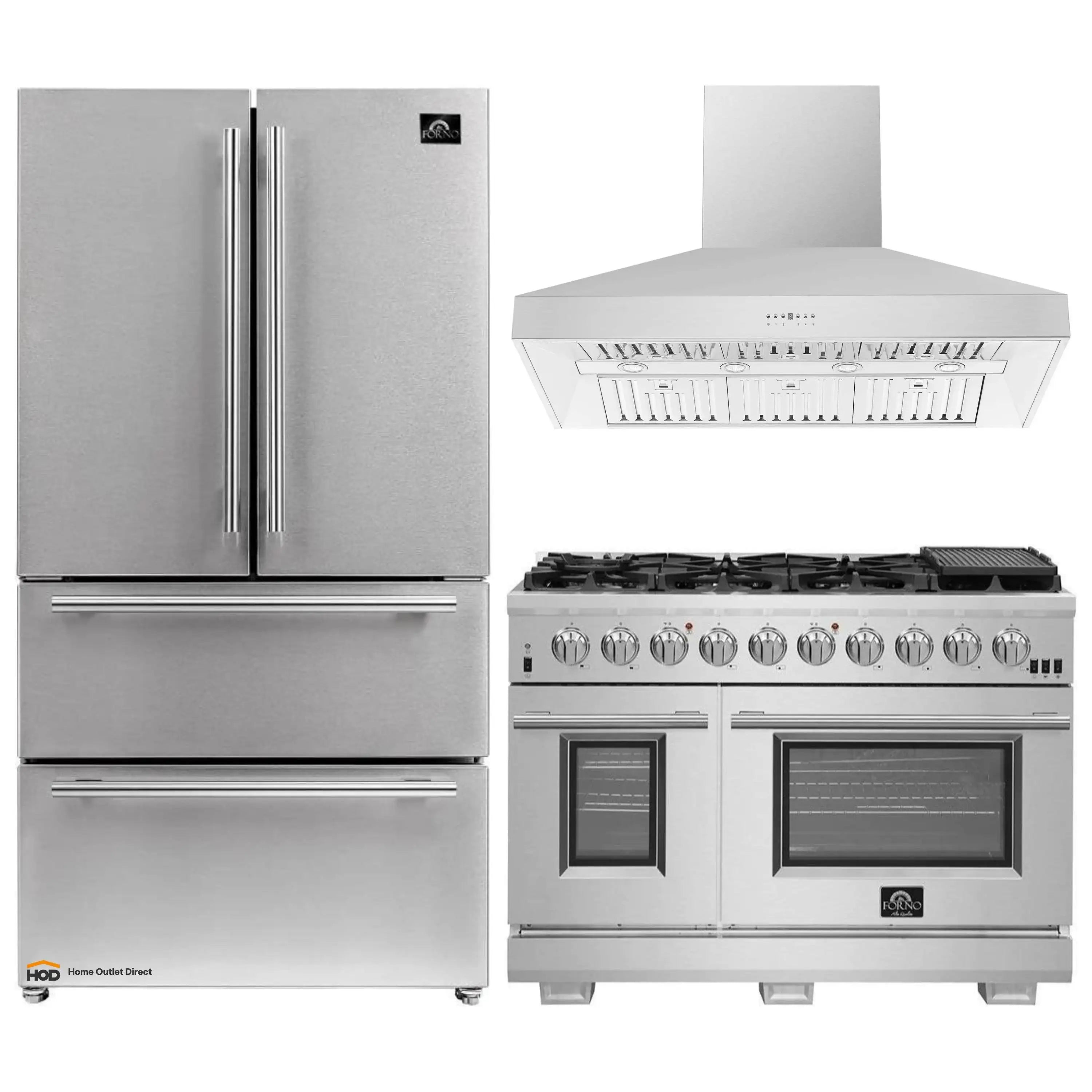 Stainless steel kitchen appliance set: refrigerator, gas range, and wall hood
