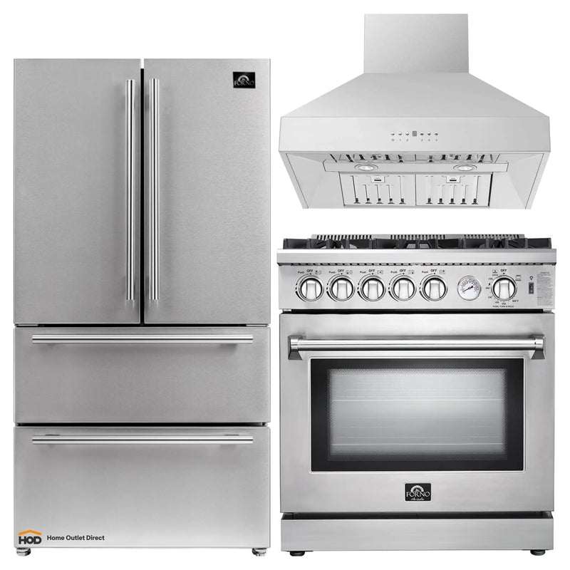 Forno 3-Piece Appliance Package - 30-Inch Gas Range, 36-Inch Refrigerator & Wall Mount Hood in Stainless Steel