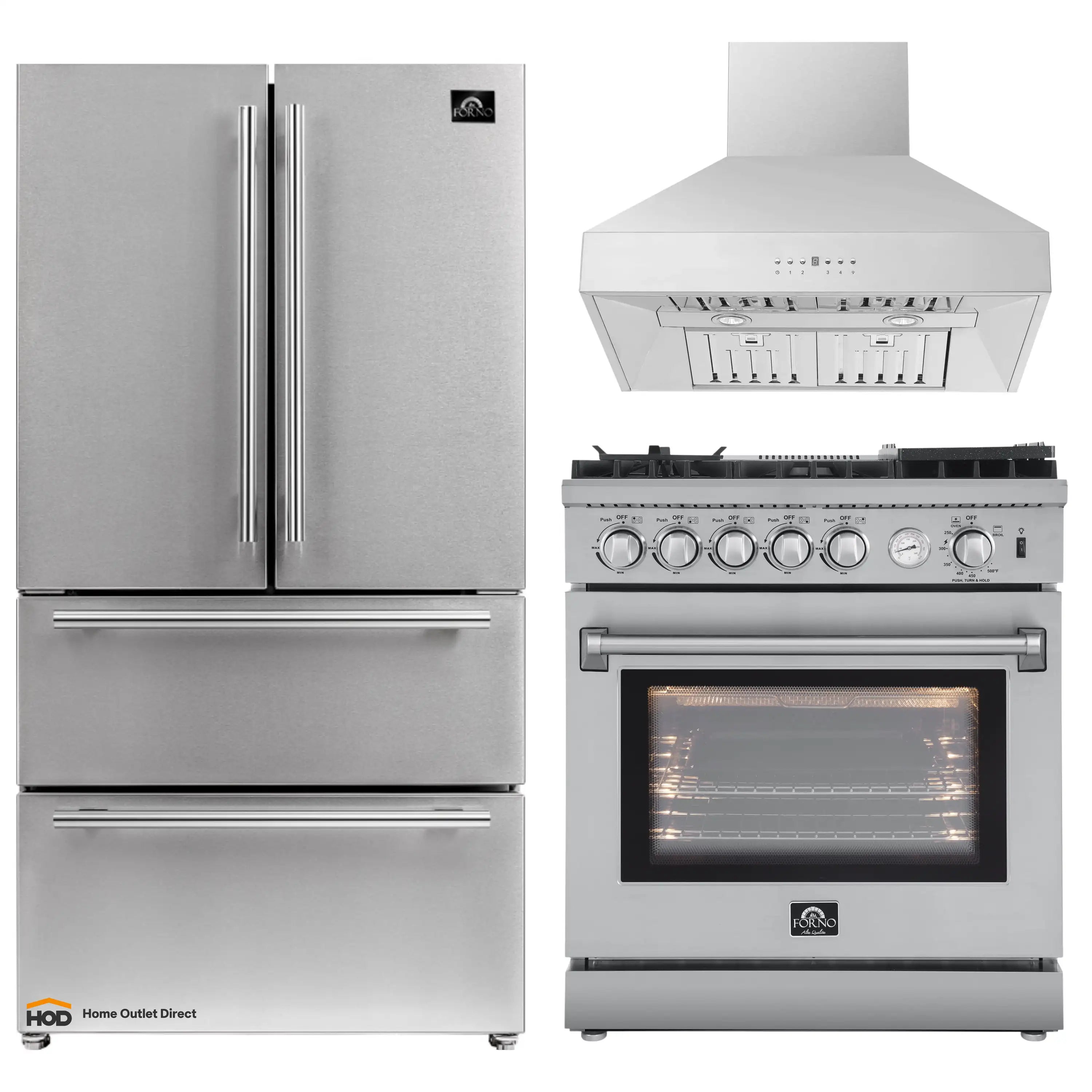 Stainless steel appliance set: side-by-side refrigerator, gas range, and wall hood