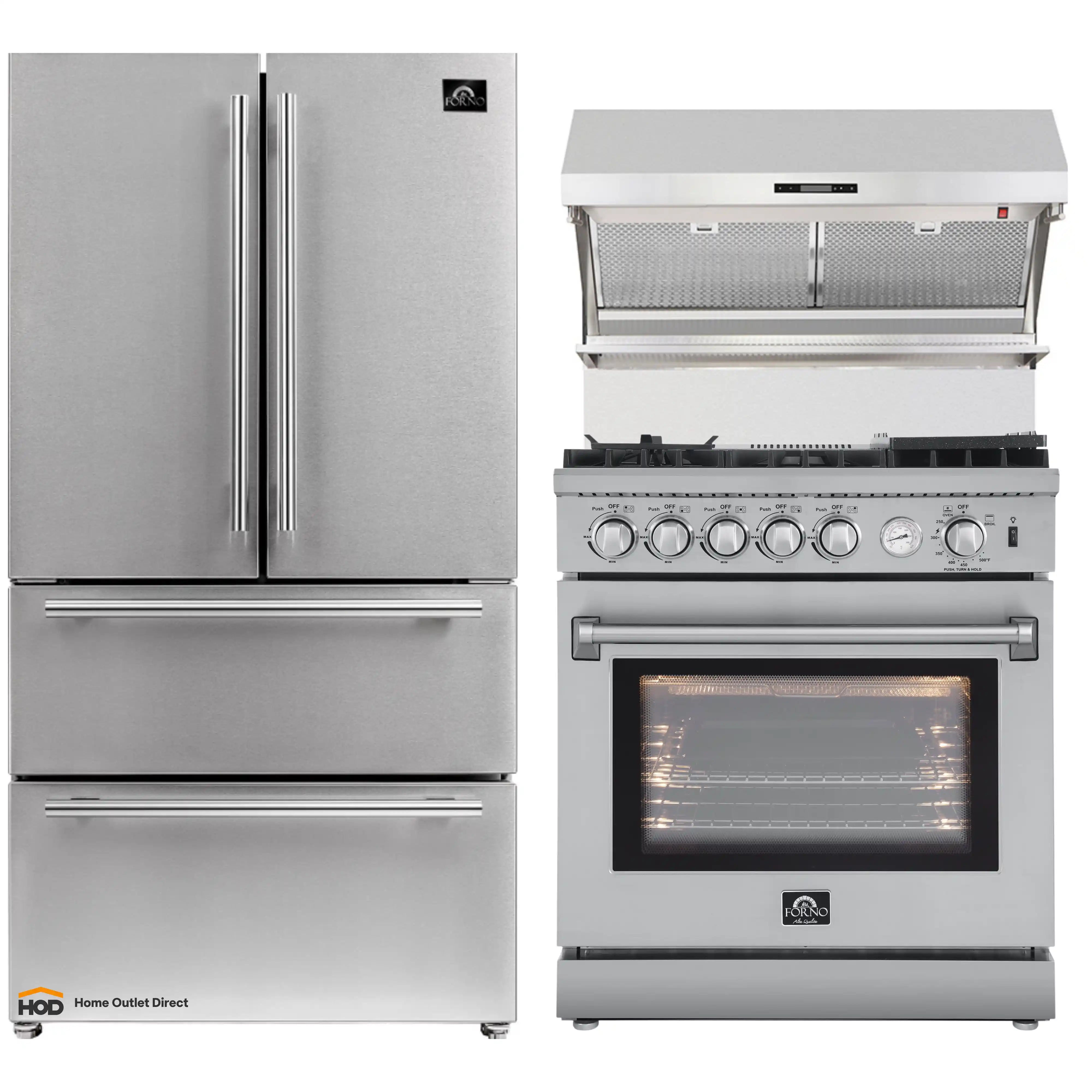 Stainless steel appliance set with refrigerator doors, gas range, and wall hood