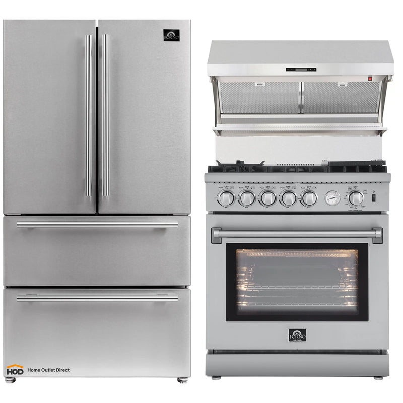 Forno 3-Piece Appliance Package - 30-Inch Gas Range with Air Fryer, 36-Inch Refrigerator & Wall Mount Hood with Backsplash in Stainless Steel