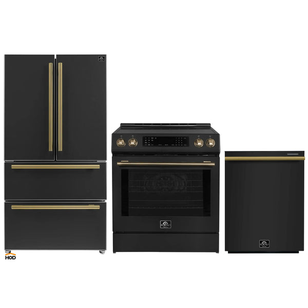 Forno Espresso 3-Piece Appliance Package - 30-Inch Induction Range, Refrigerator and Dishwasher in Black with Antique Brass Trim