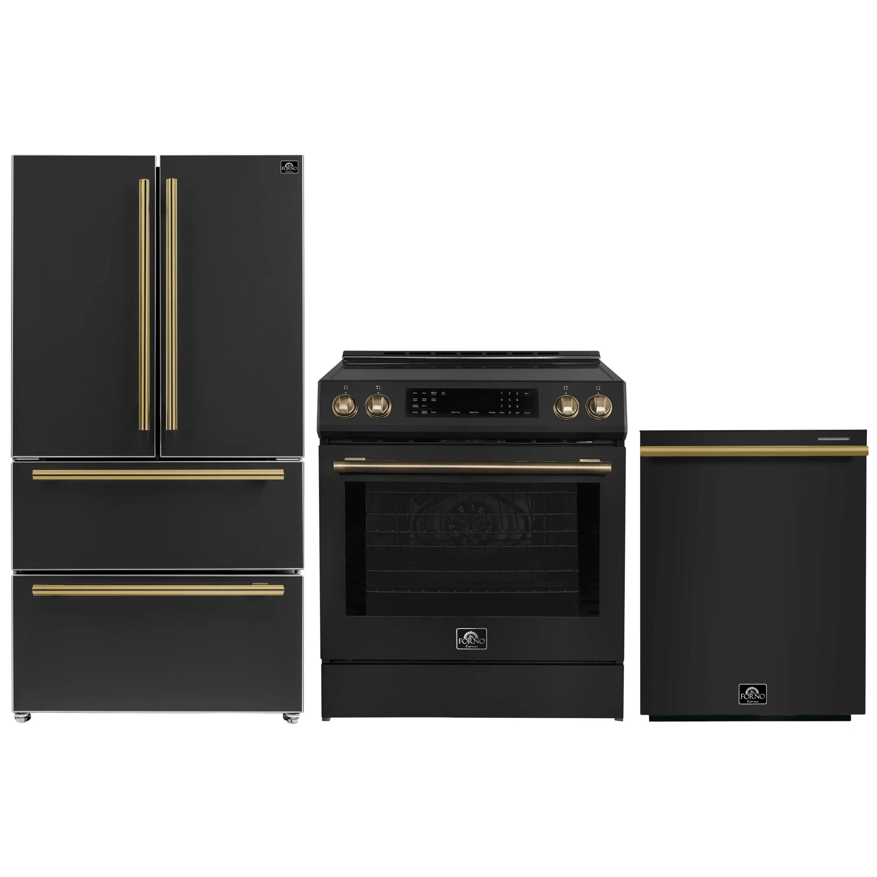 Black appliance set with antique brass trim: induction range, refrigerator and dishwasher