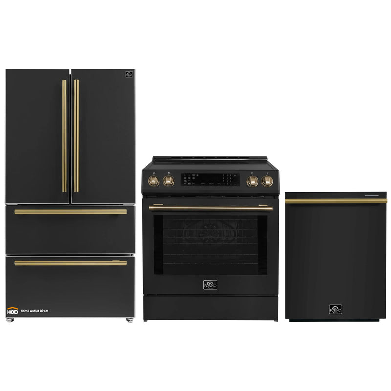 Forno Espresso 3-Piece Appliance Package - 30-Inch Induction Range, Refrigerator and Dishwasher in Black with Brass Handle