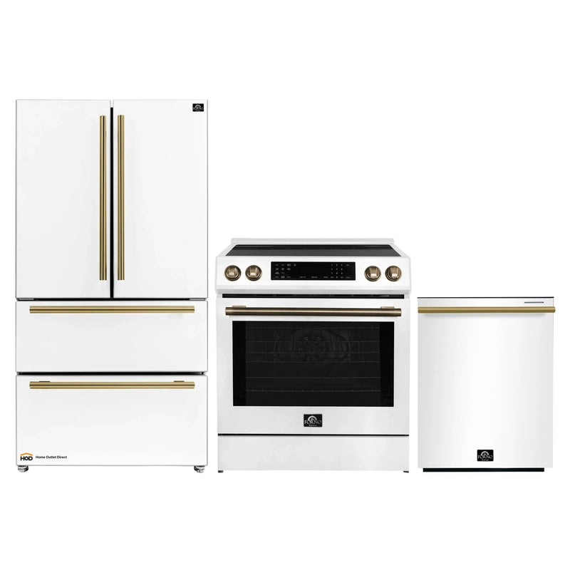 Forno Espresso 3-Piece Appliance Package - 30-Inch Induction Range, Refrigerator and Dishwasher in White with Brass Handle