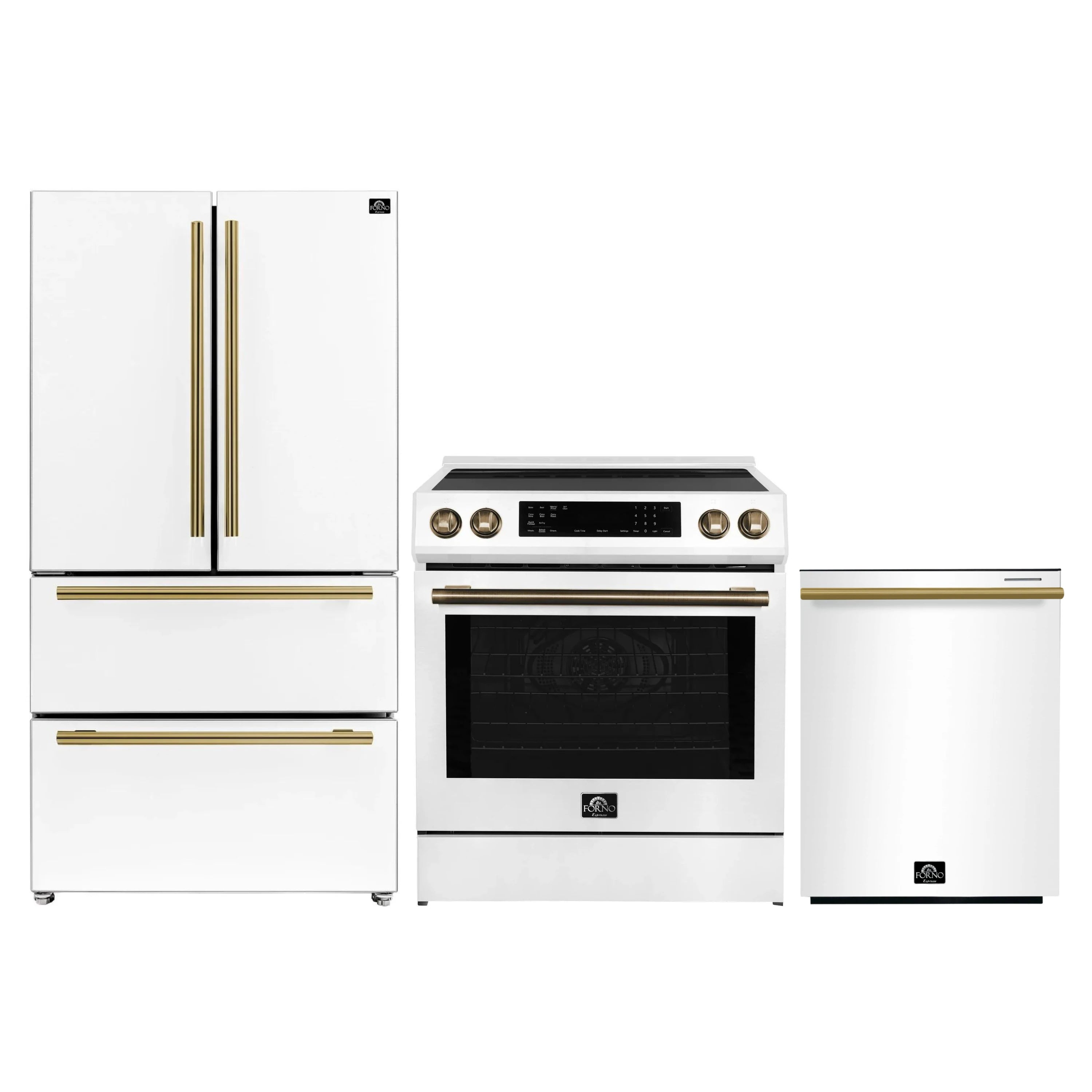 White appliance package featuring refrigerator, range, and dishwasher with brass trim