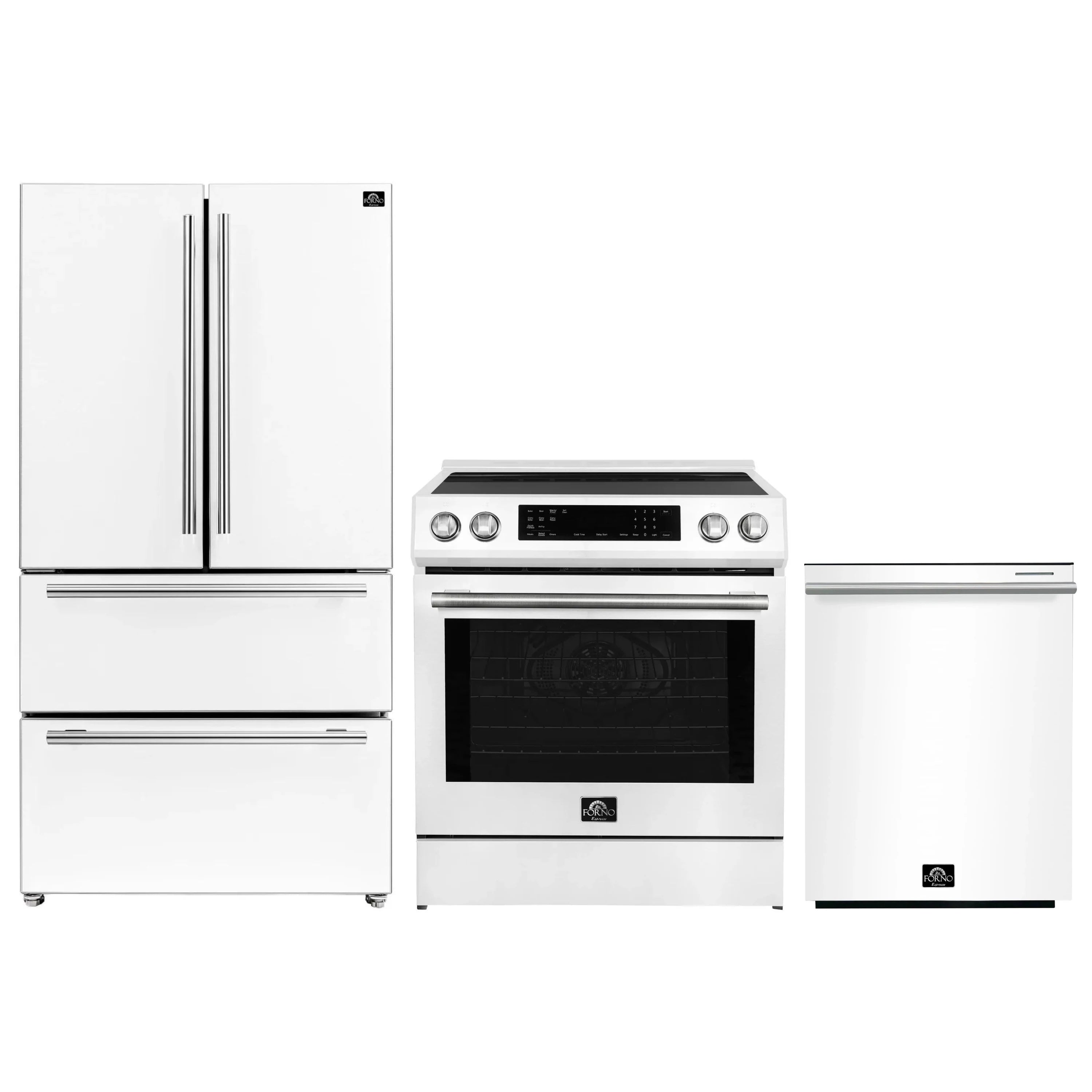 White refrigerator, induction range, and dishwasher set with stainless trim