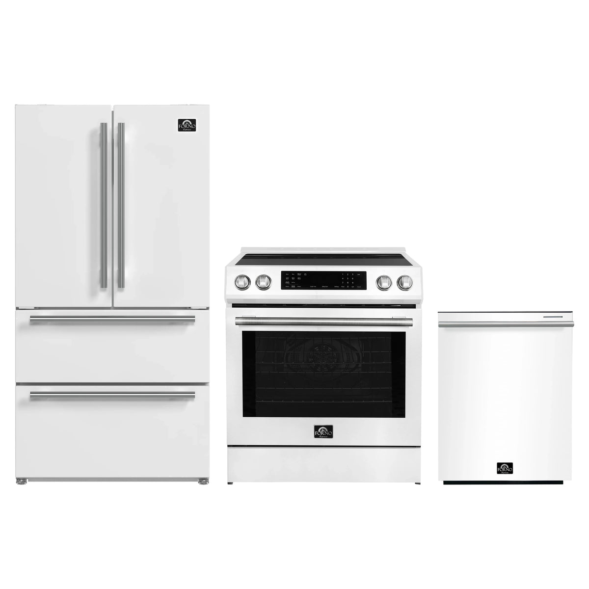 Forno Espresso 3-Piece Appliance Package - 30-Inch Induction Range, Refrigerator and Dishwasher in White with Stainless Steel Trim