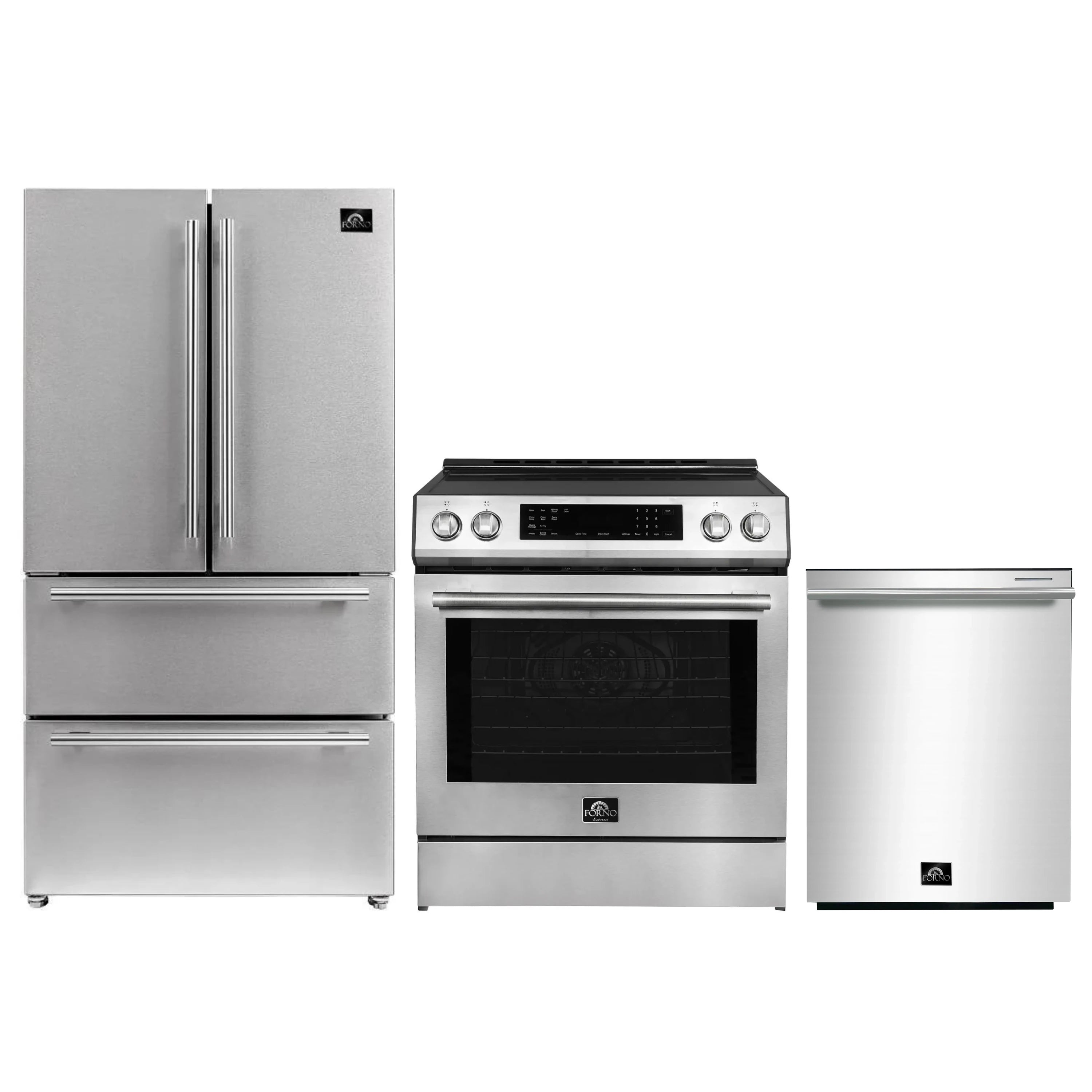 Stainless steel kitchen appliance set: refrigerator, induction range, and dishwasher