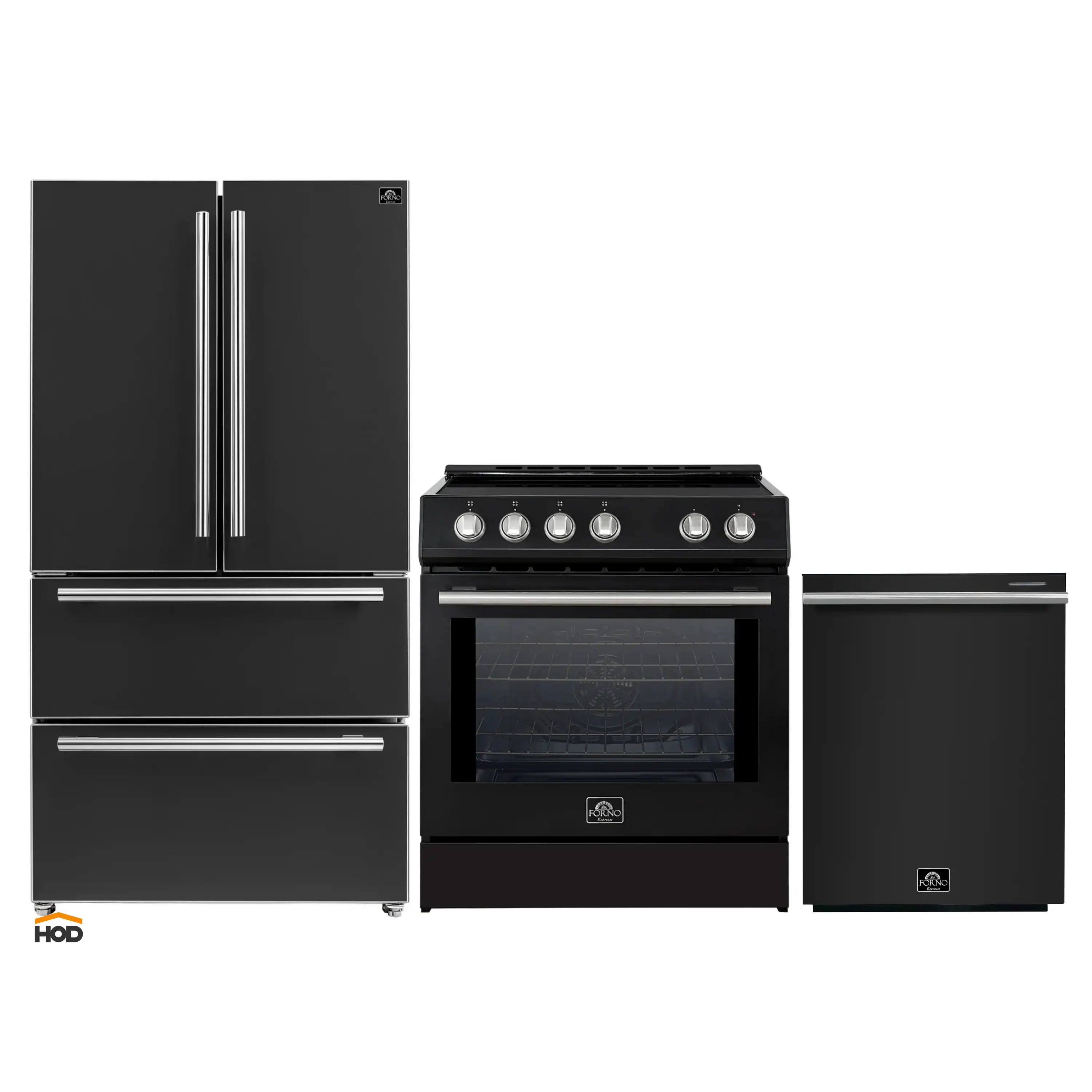 Three-piece black appliance set with stainless handles: refrigerator, range, and dishwasher