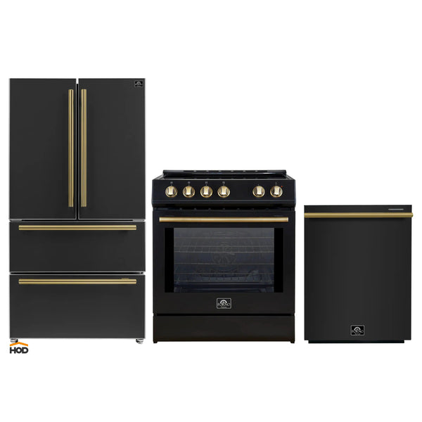 Forno 3-Piece Appliance Package - 30-Inch Induction Range, French Door Refrigerator, and Dishwasher in Black with Antique Brass Trim