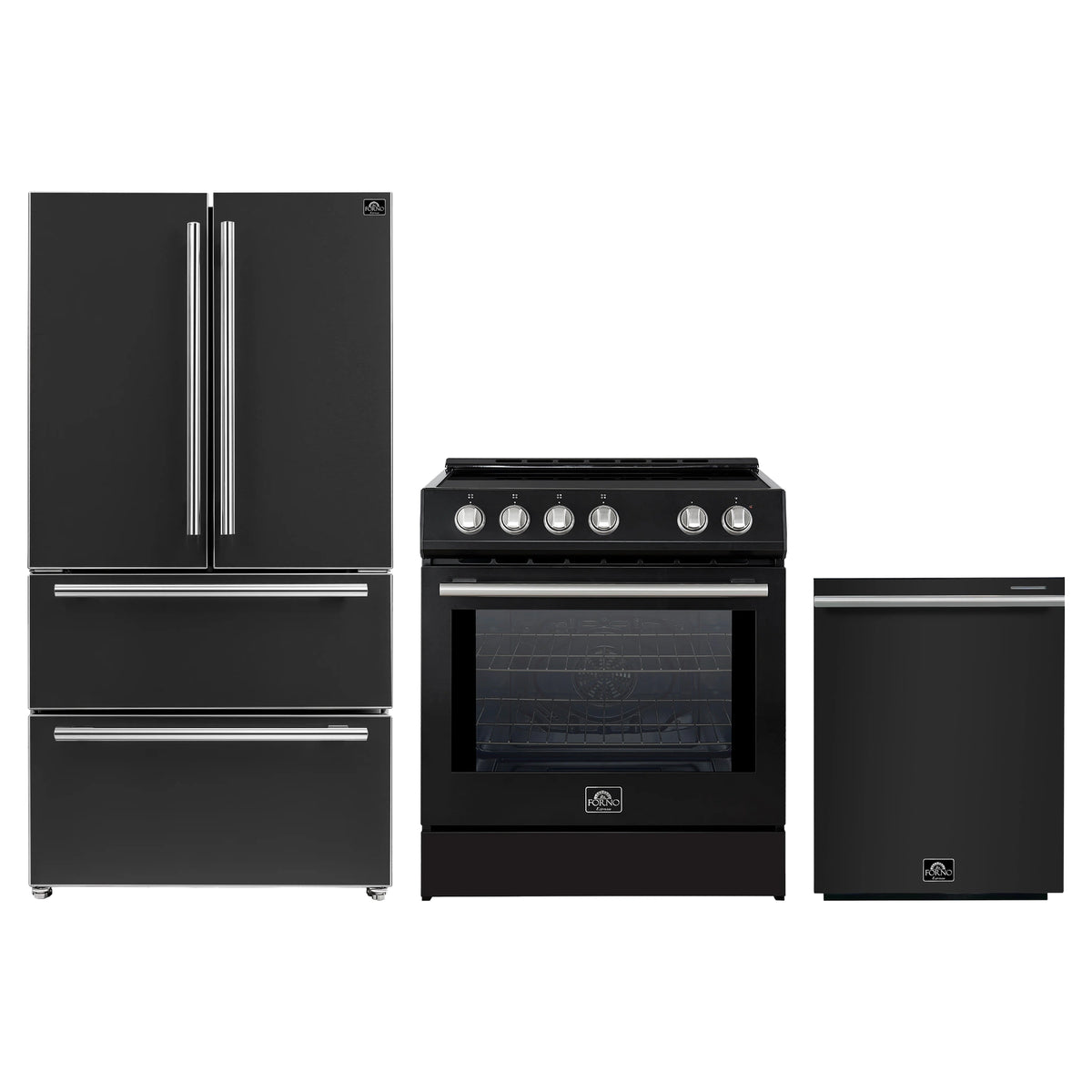 Forno 3-Piece Appliance Package - 30-Inch Induction Range, French Door Refrigerator, and Dishwasher in Black with Stainless Steel Trim